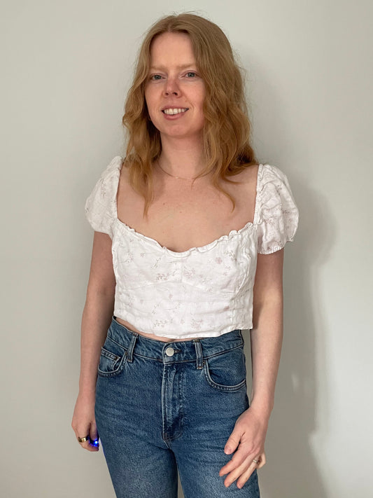 Wilfred White Floral Organic Linen Puff Sleeve Crop Top - Size Large