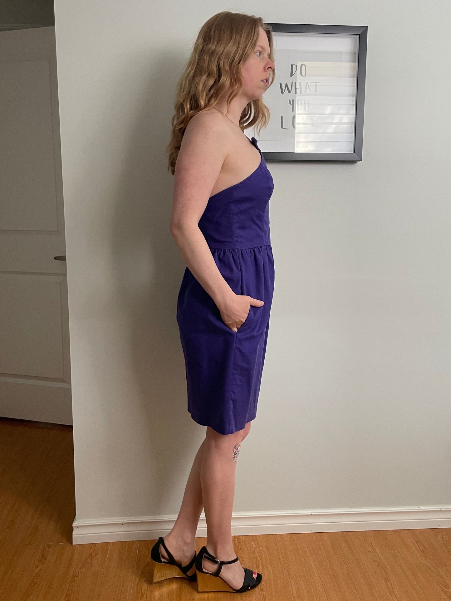 French Connection Purple Cotton Stretch One Shoulder Dress - Small