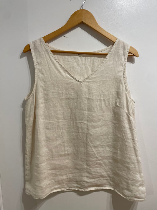 Oatmeal 100% Linen Sleeveless V-Neck Top - Large