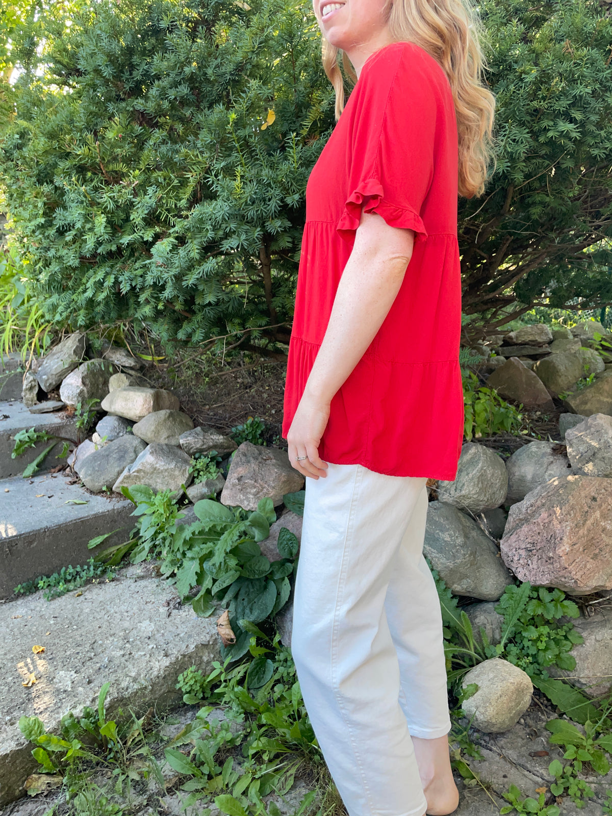 Red Hand-Embroidered Tiered Blouse – M/L