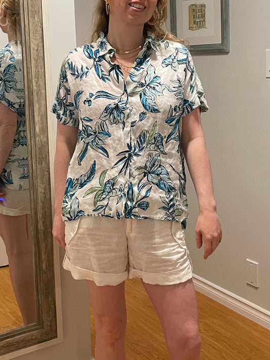 Tahari Blue Botanical Linen Short Sleeve Shirt - Large