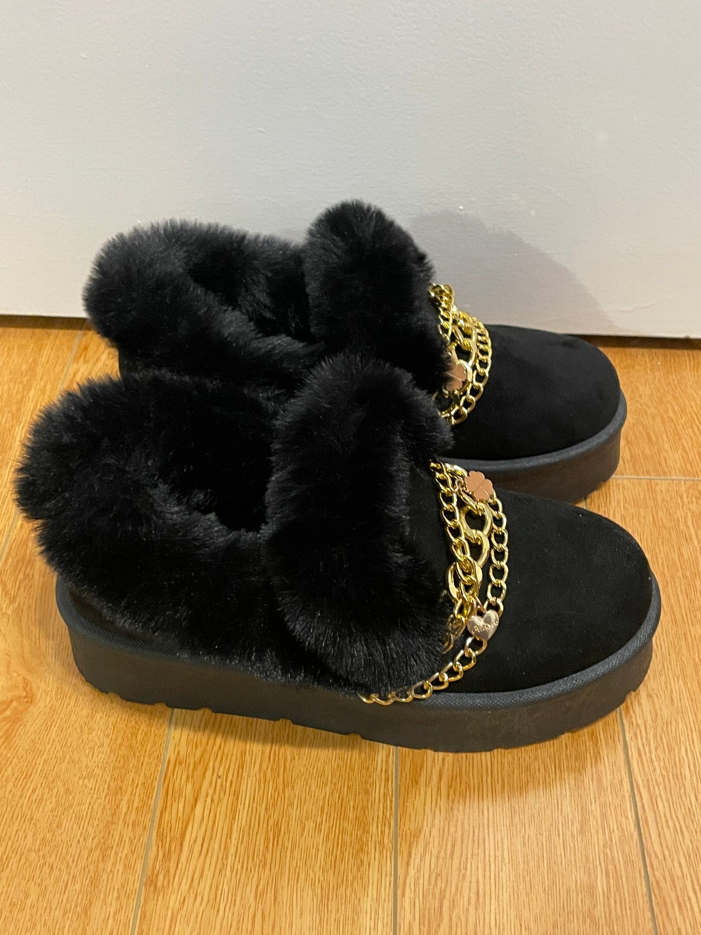 CARLA RIDA Black Faux Fur Chain Ankle Boots – Size 7.5