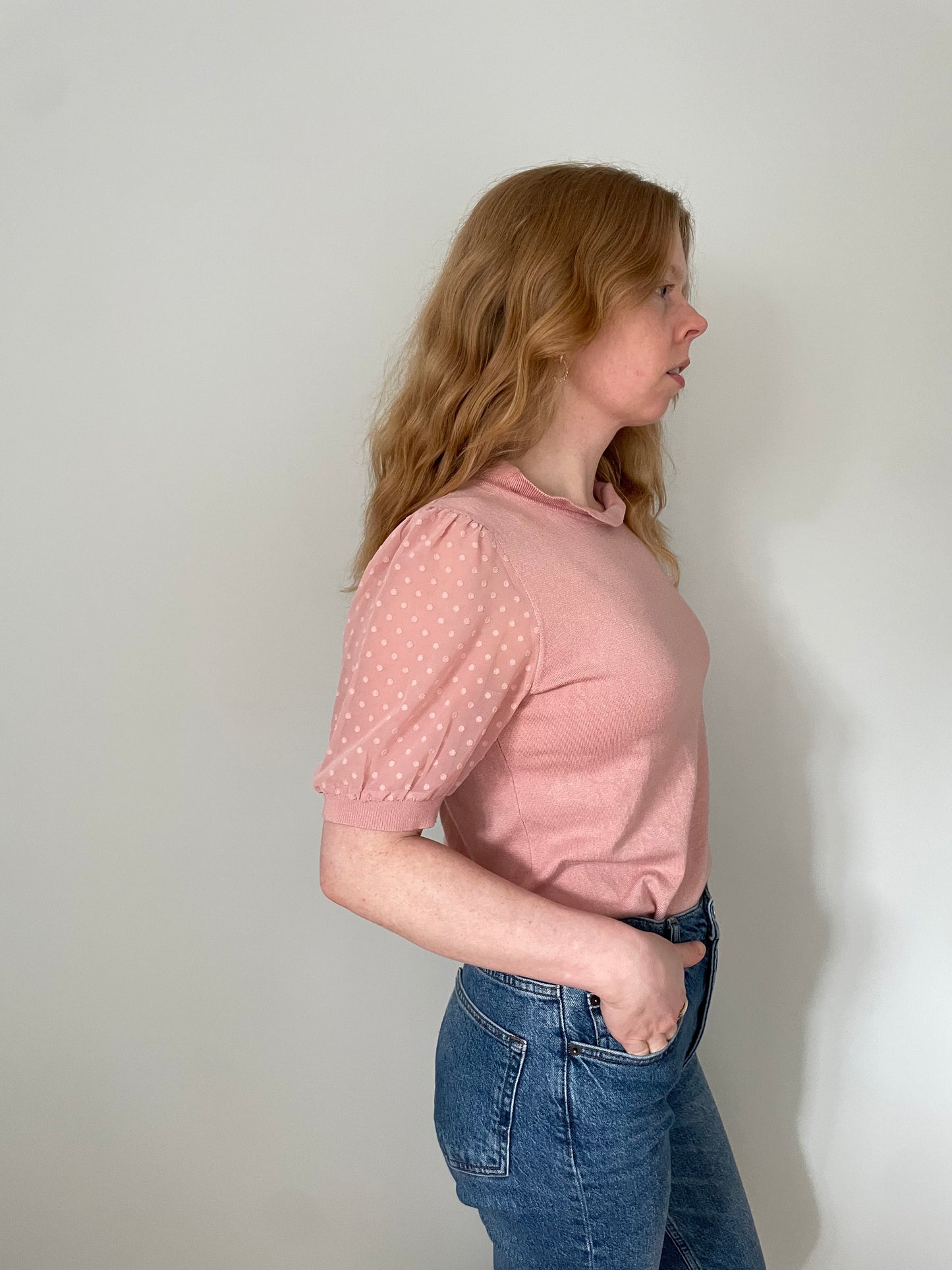 Adrianna Papell Blush Pink Dot Puff Sleeve Knit Top – Small / Medium