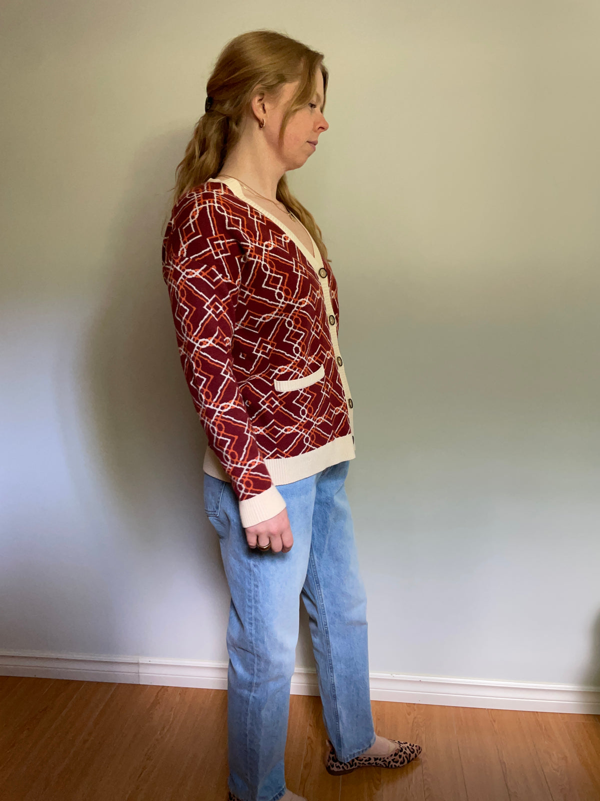 Twik Burgundy Retro Geometric Knit Cardigan – Small