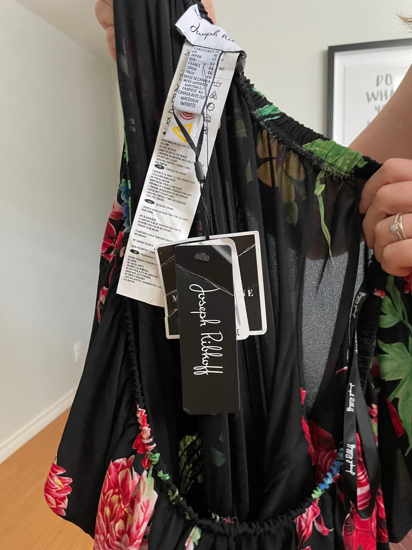 Joseph Ribkoff Black Floral Off-Shoulder Wide Leg Jumpsuit - Size 14