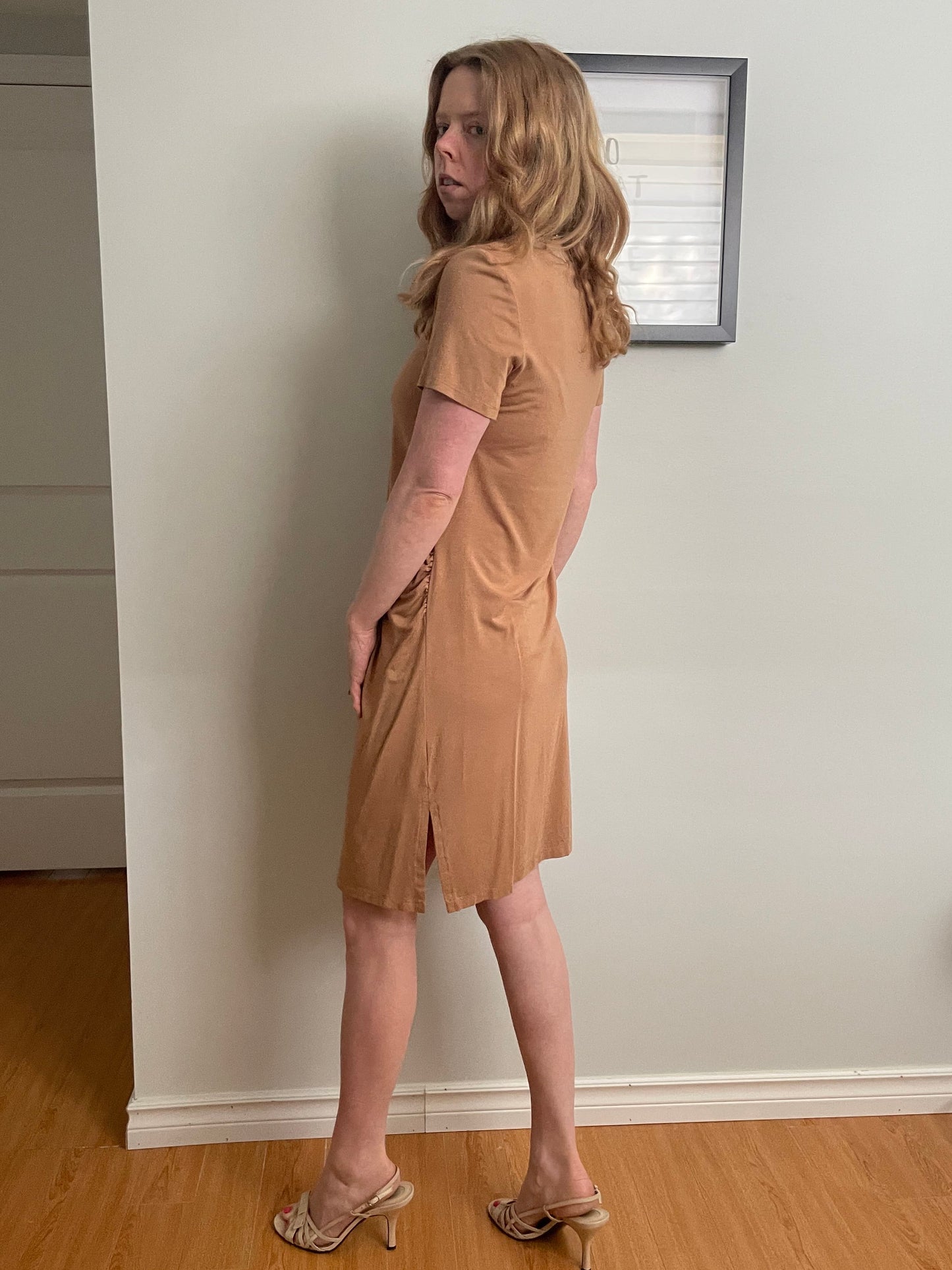 Harmony Belly Camel Short Sleeve Maternity Jersey Dress – Small