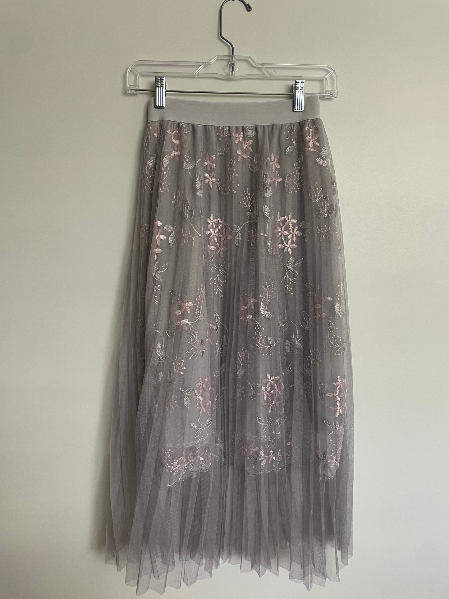 Grey Pink Floral Embroidered Tulle Midi Skirt - XXS/XS
