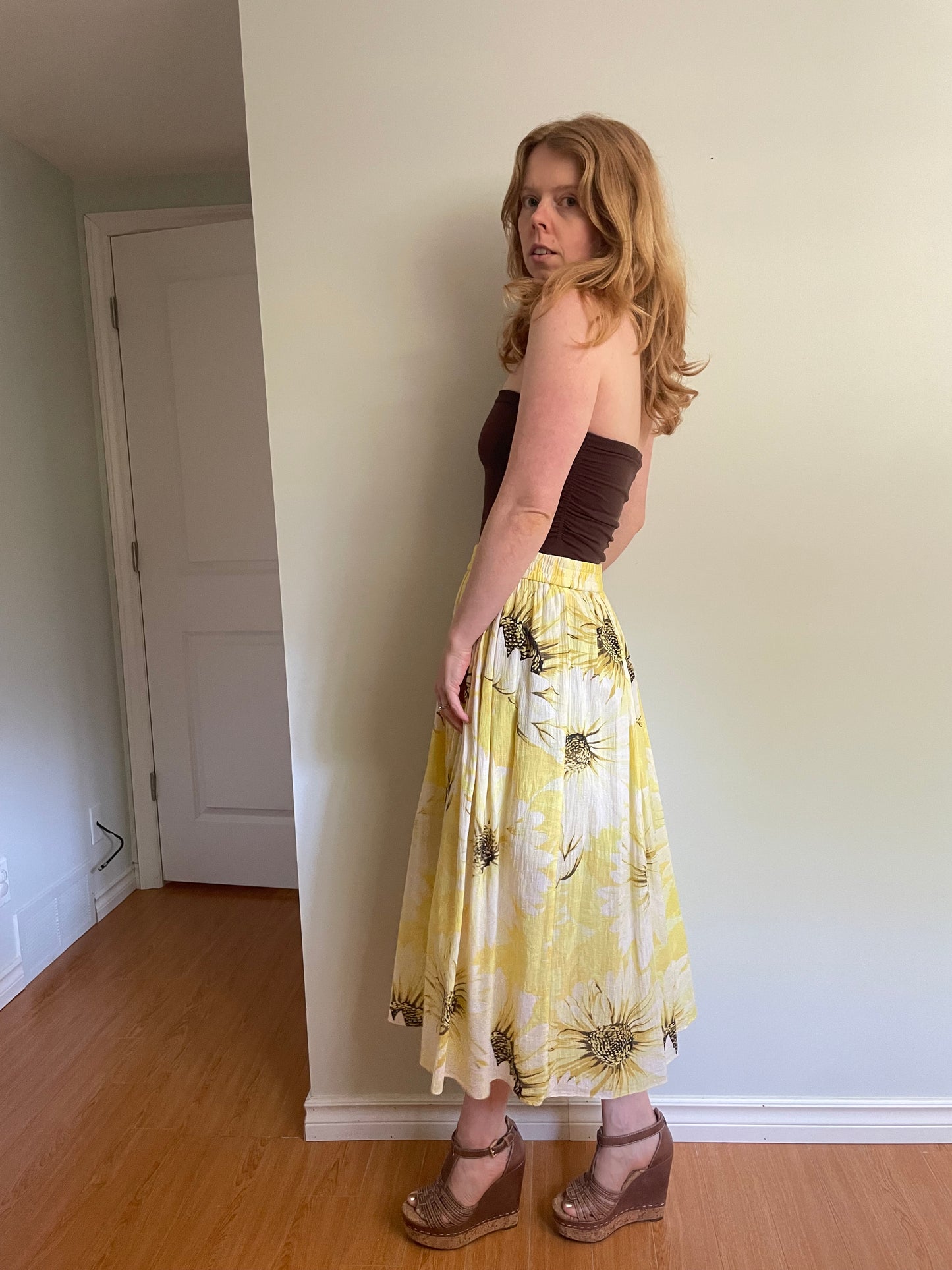 H&M Yellow Sunflower Print Cotton Midi Skirt - Medium