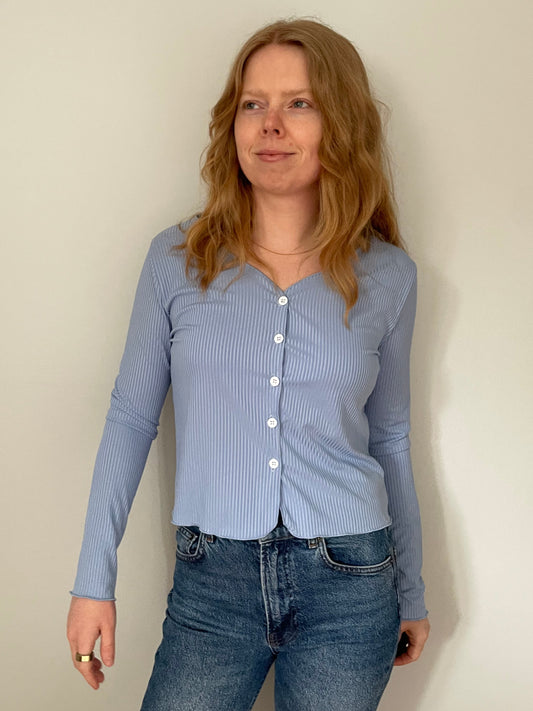 Soft Blue Ribbed Button Front Long Sleeve Top – Size XS–S