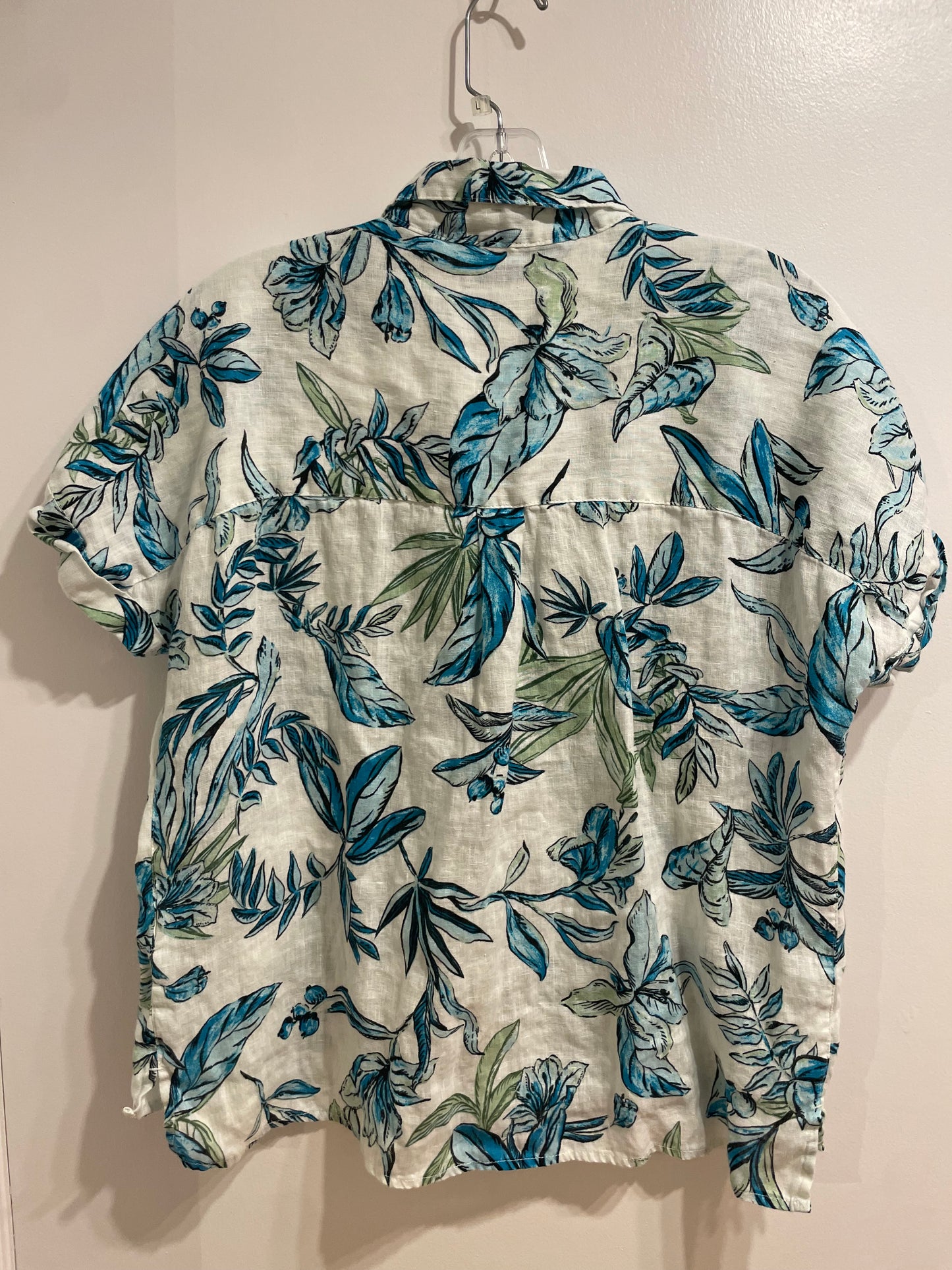 Tahari Blue Botanical Linen Short Sleeve Shirt - Large