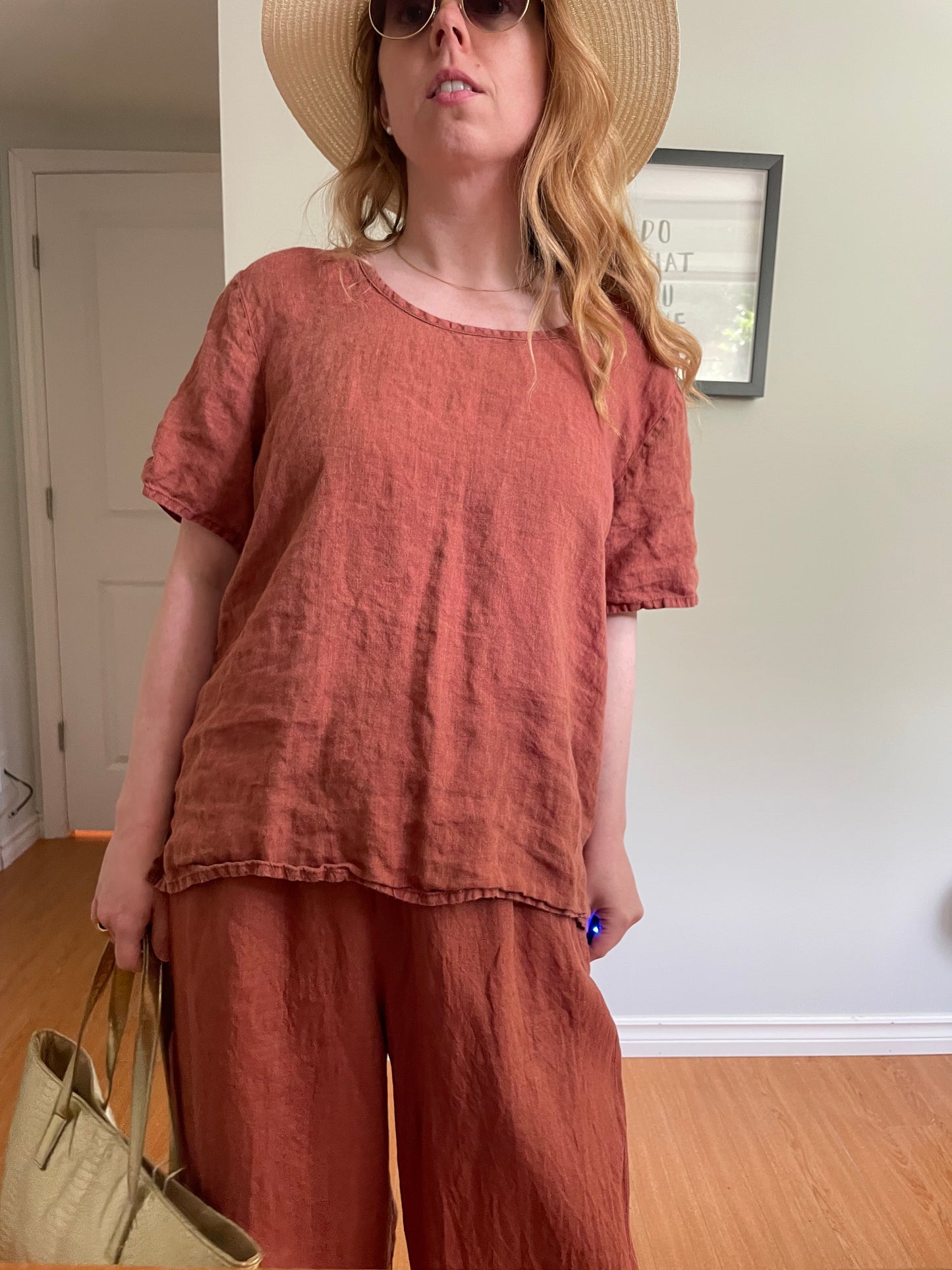 FLAX – Terracotta Linen Top & Wide-Leg Pants Set – M/S