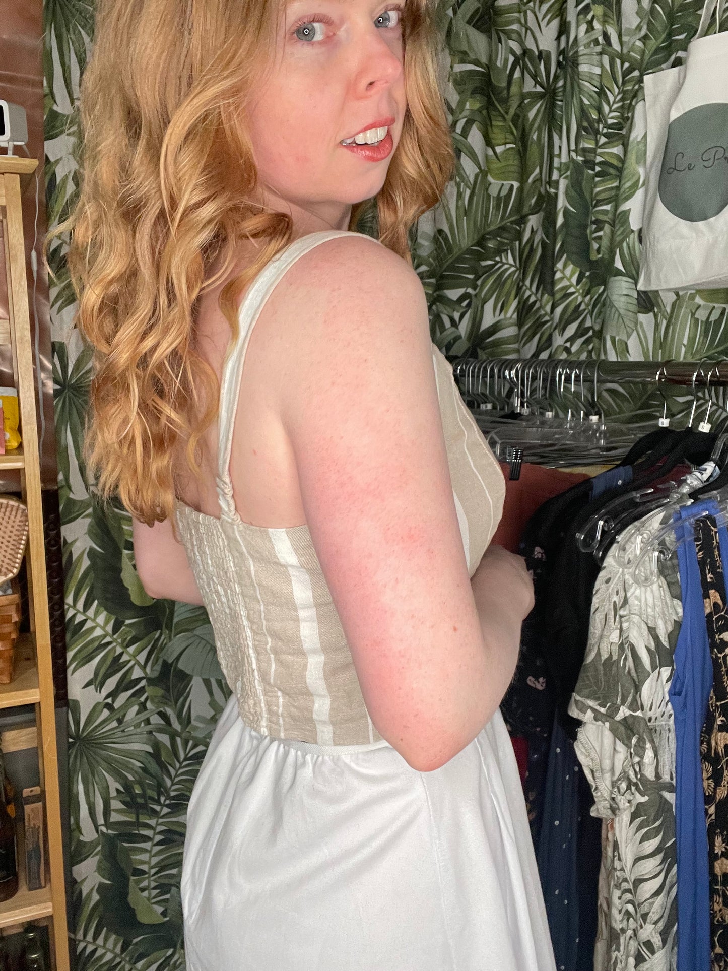 Beige & White Striped Linen Blend Smocked Back Cropped Tank – Medium