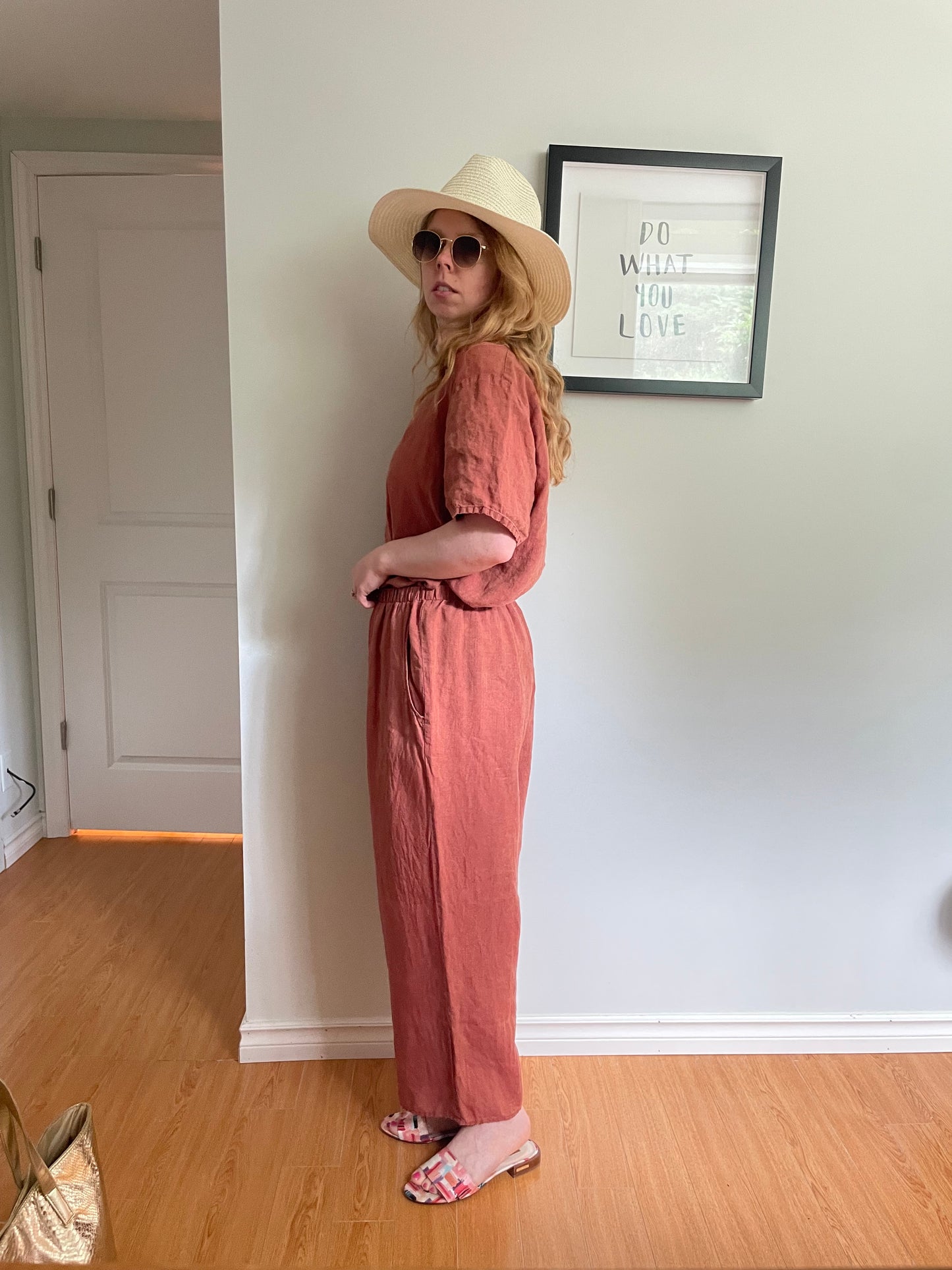 FLAX – Terracotta Linen Top & Wide-Leg Pants Set – M/S
