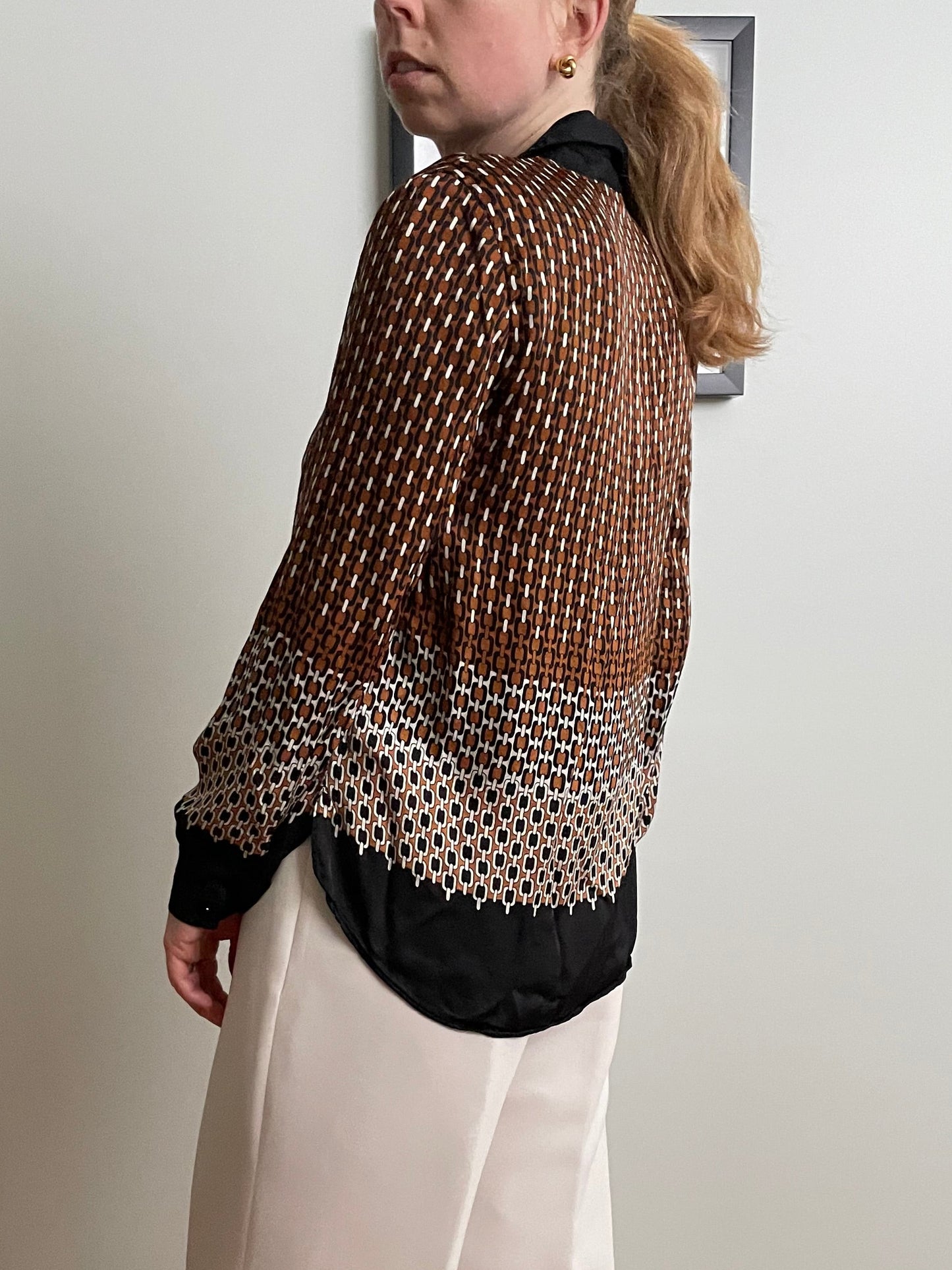 Massimo Dutti Brown Chain Print Blouse – Made in Portugal – Small