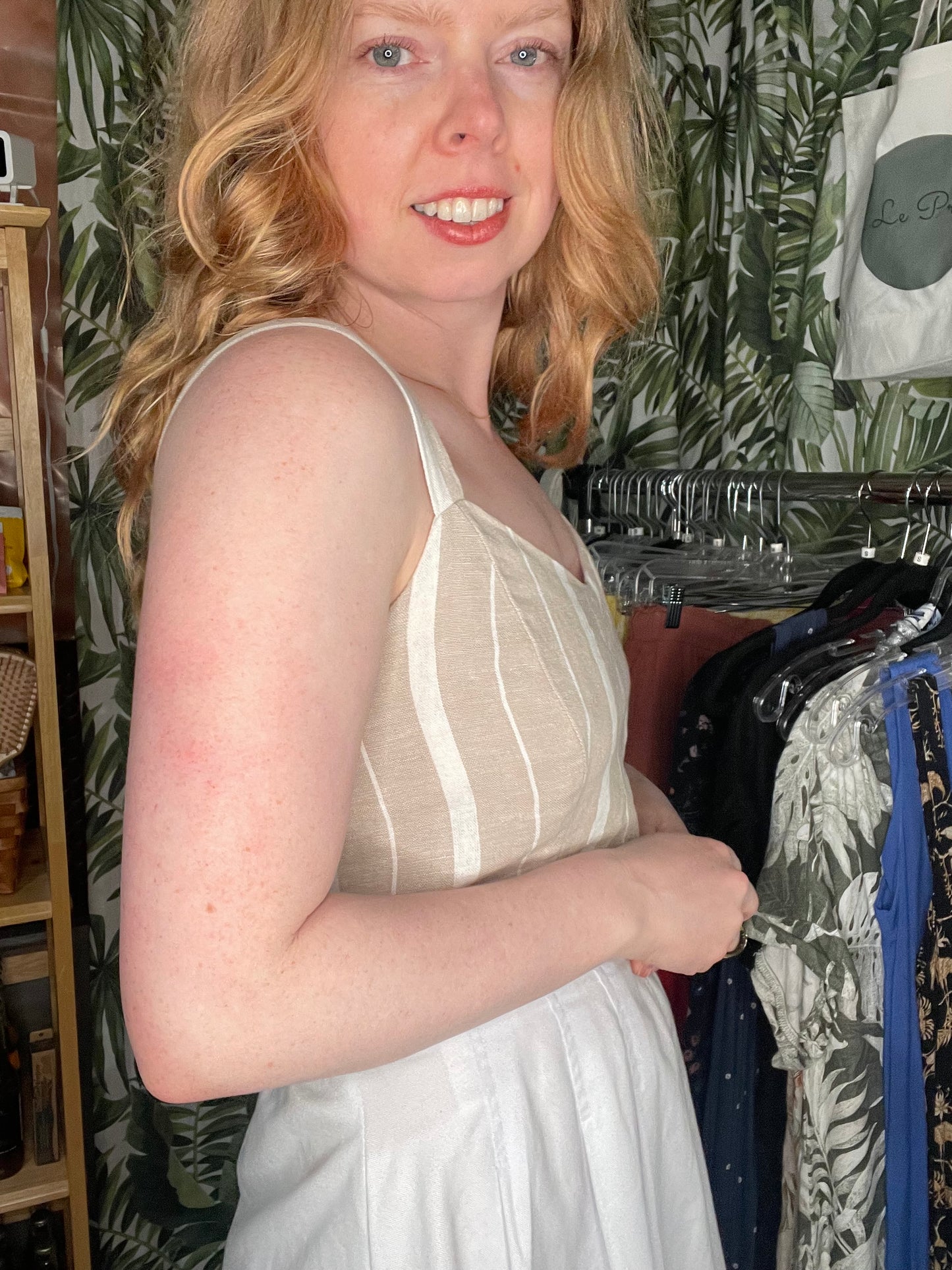 Beige & White Striped Linen Blend Smocked Back Cropped Tank – Medium