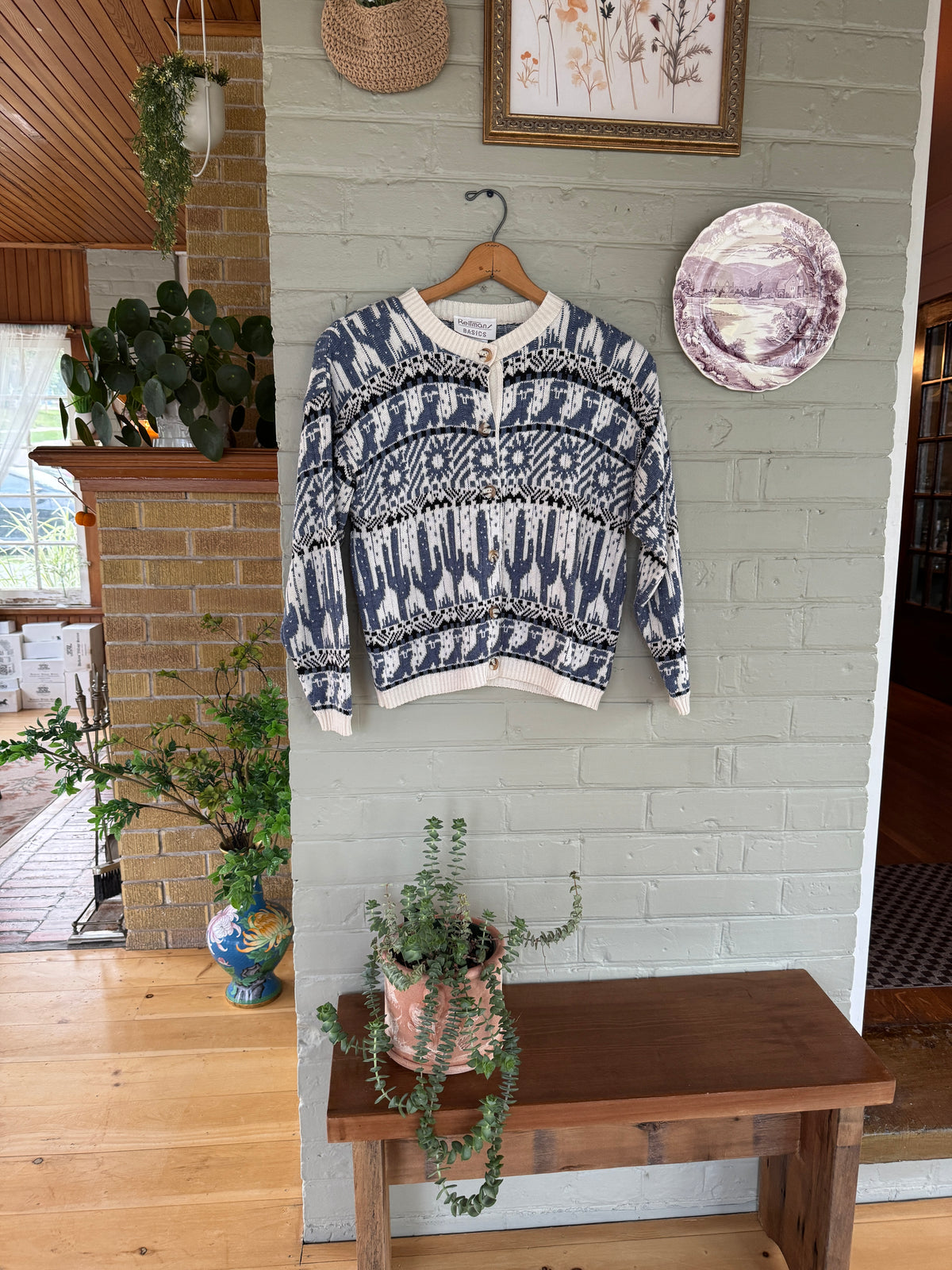 Reitmans Basics – Blue, Cream & Black Vintage Fair Isle Cardigan - M/L/XL