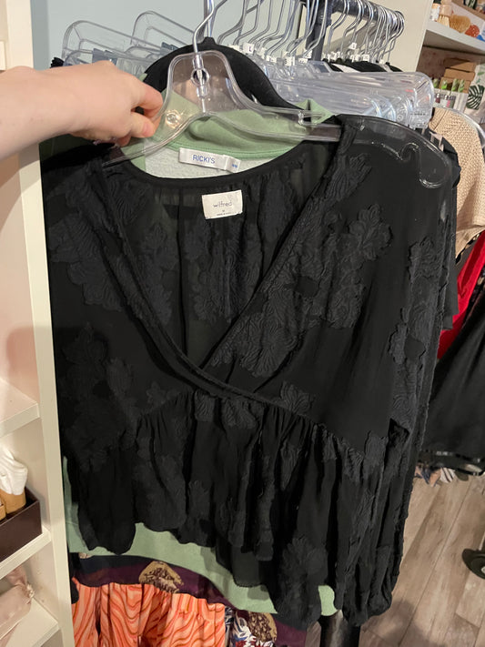 Wilfred Black Embroidered Chiffon Ruffle Blouse - Medium