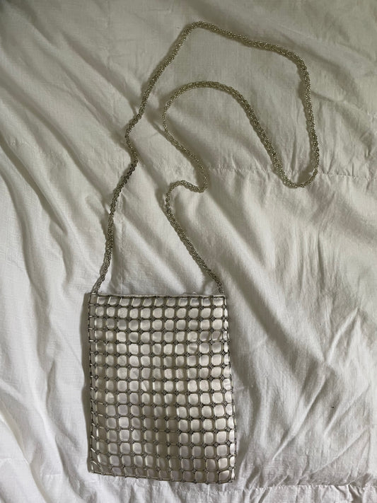 Silver Satin Beaded Mesh Shoulder Bag