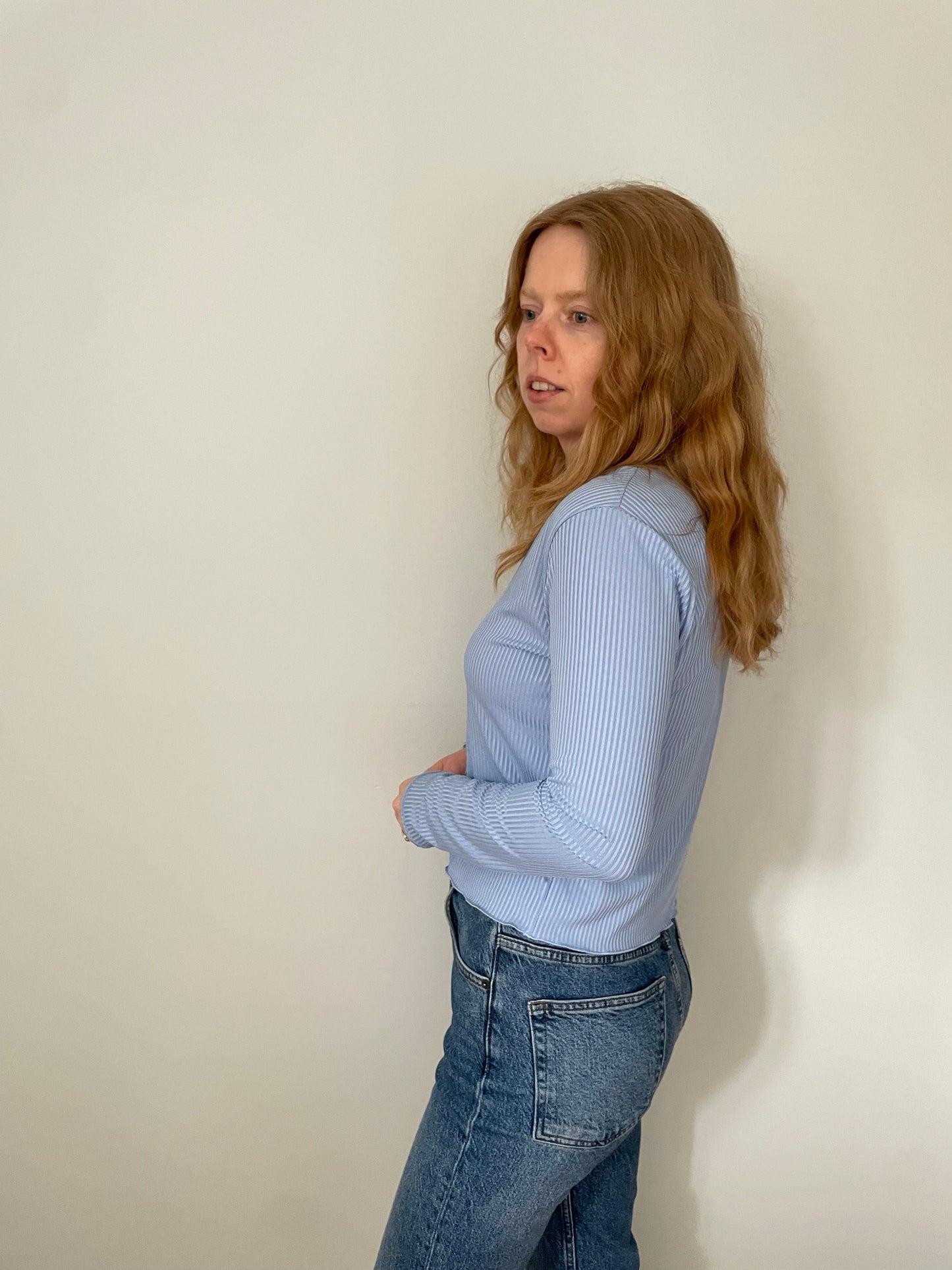 Soft Blue Ribbed Button Front Long Sleeve Top – Size XS–S