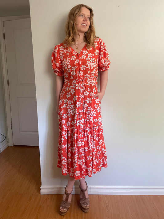 Maxcares Coral Tropical Floral Button Front Midi Dress - Large