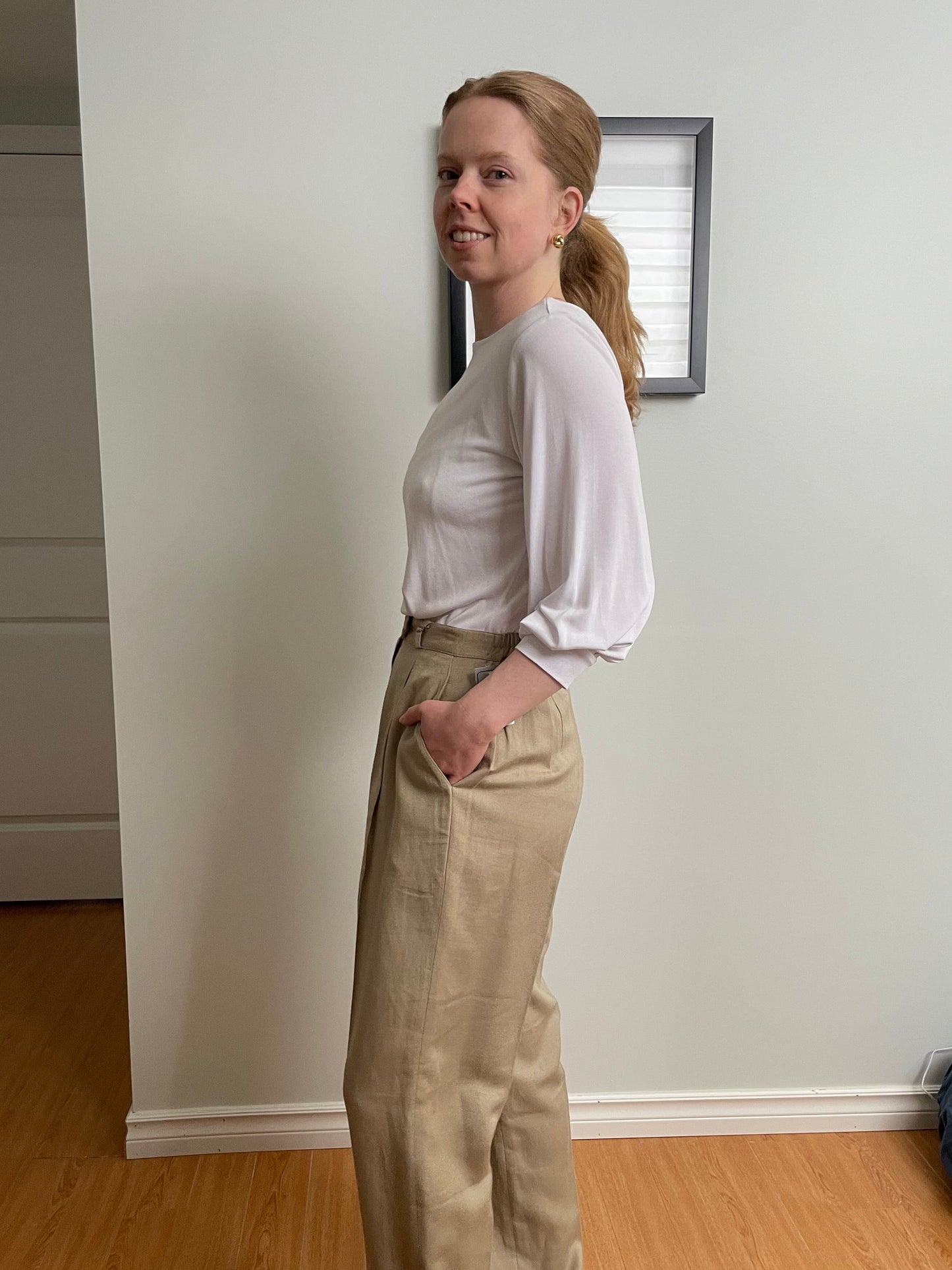 Nygård Collection Beige Linen Blend Pleated Trousers – High Rise – Size 8 (Fits XS/S)