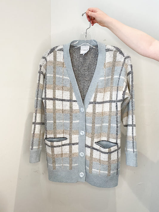 CYRUS Pastel Blue Taupe Plaid Long Button Front Cardigan - XS/S