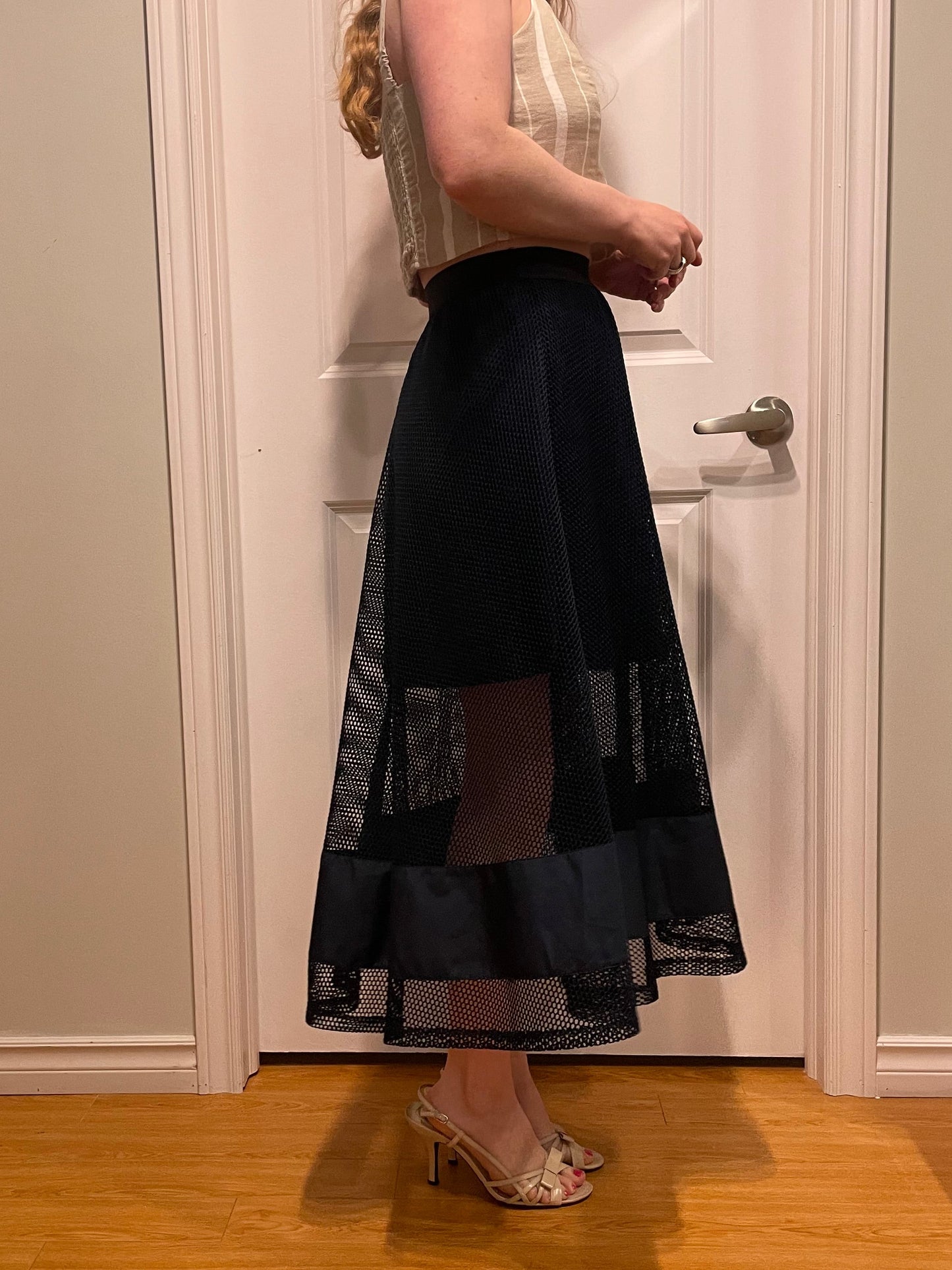 OAK + FORT – Navy Mesh A-Line Midi Skirt – Fits XS/S