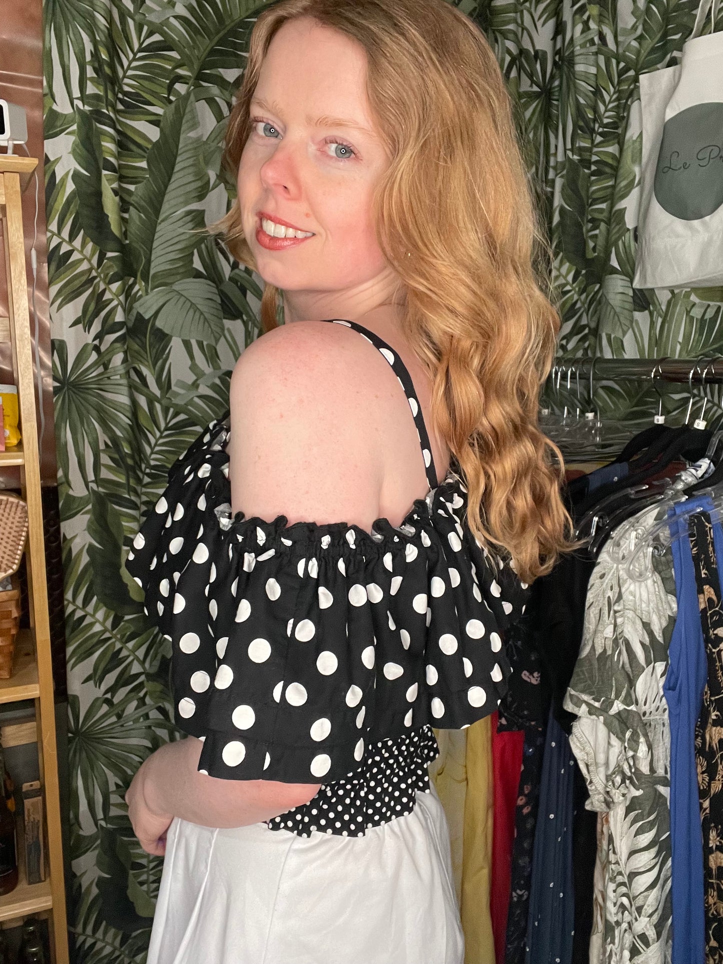River Island Black & White Polka Dot One-Shoulder Cotton Ruffle Top – S/M
