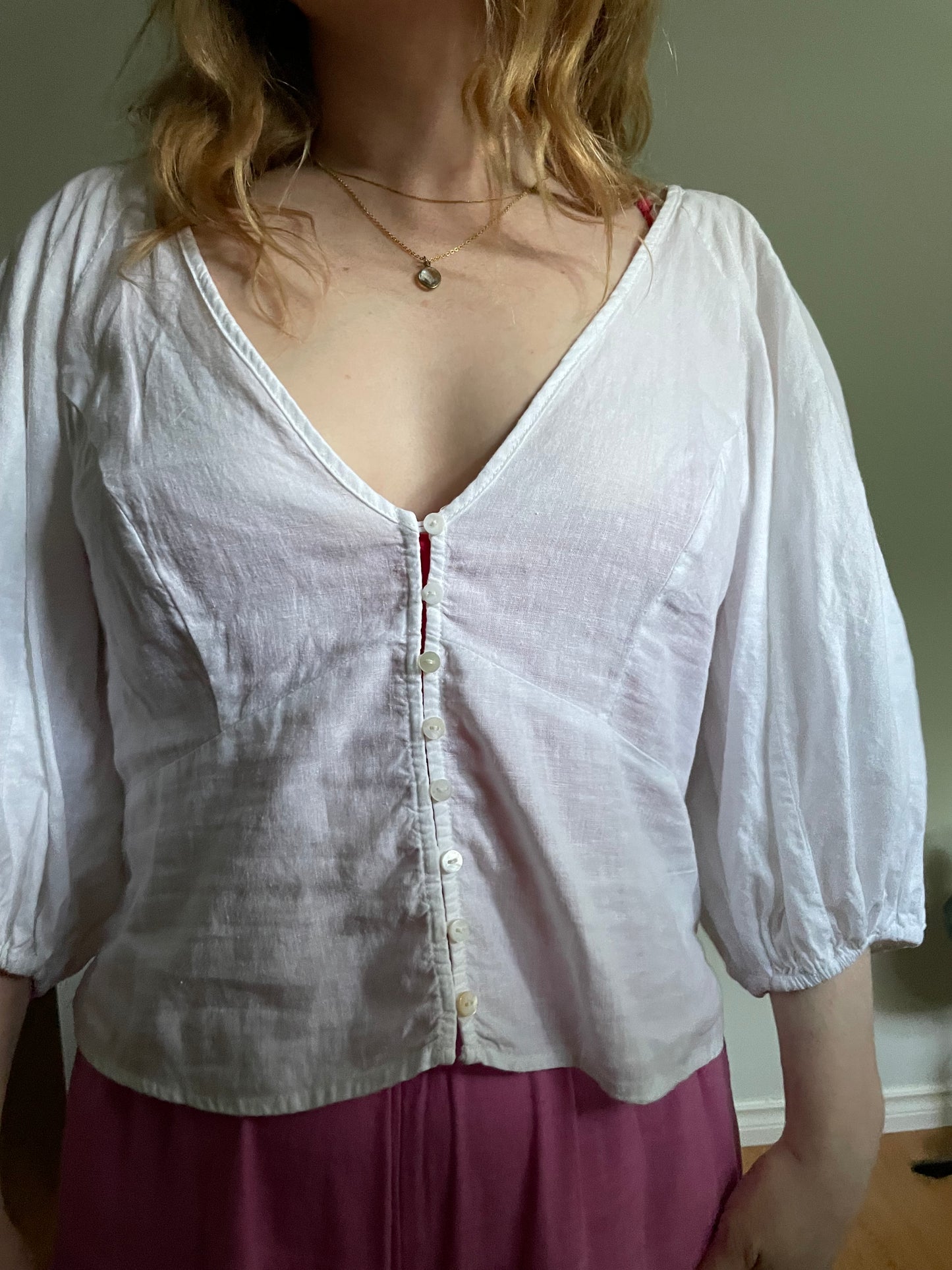 H&M – White Linen-Blend Button-Front Blouse – Medium