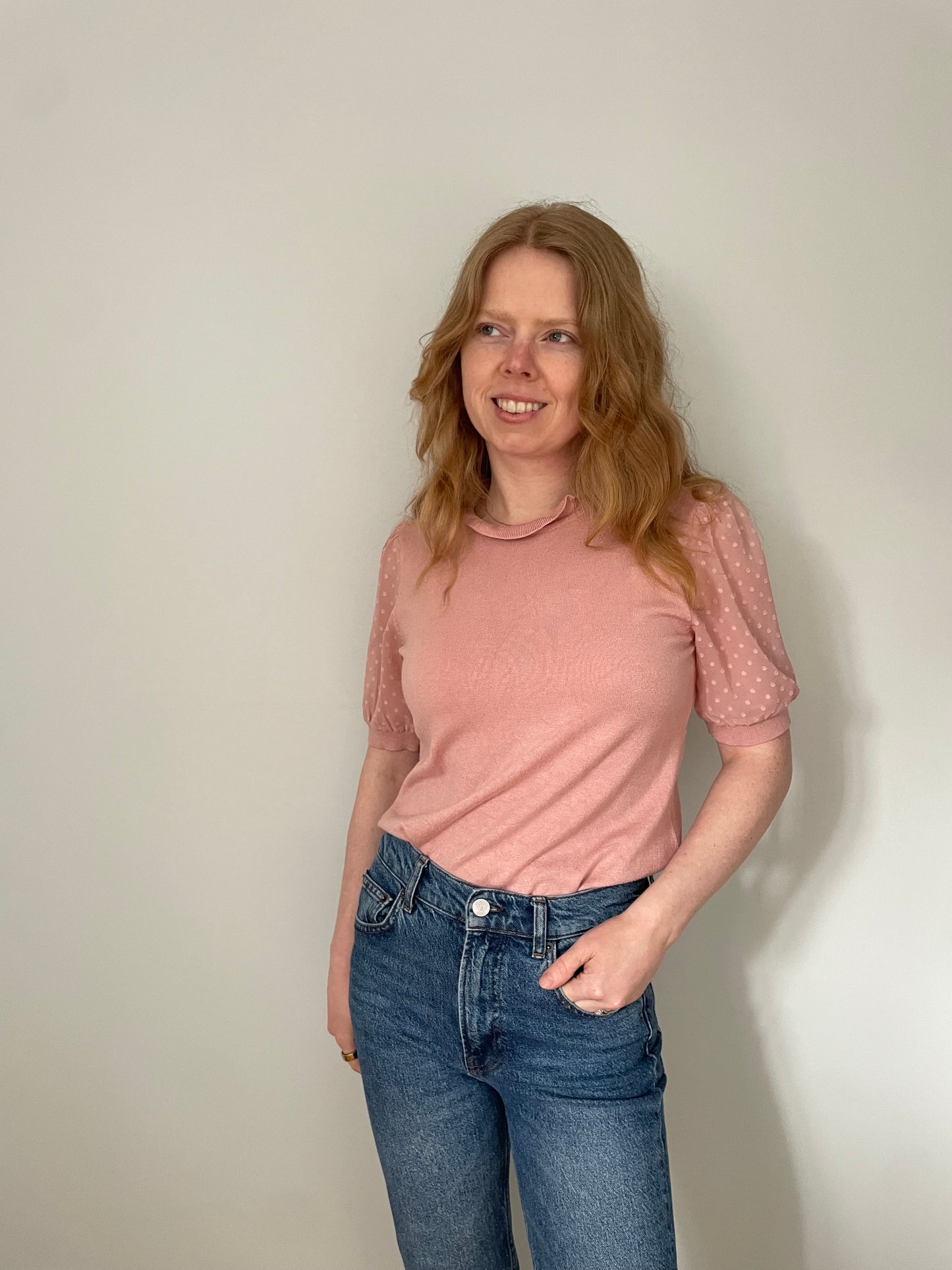 Adrianna Papell Blush Pink Dot Puff Sleeve Knit Top – Small / Medium