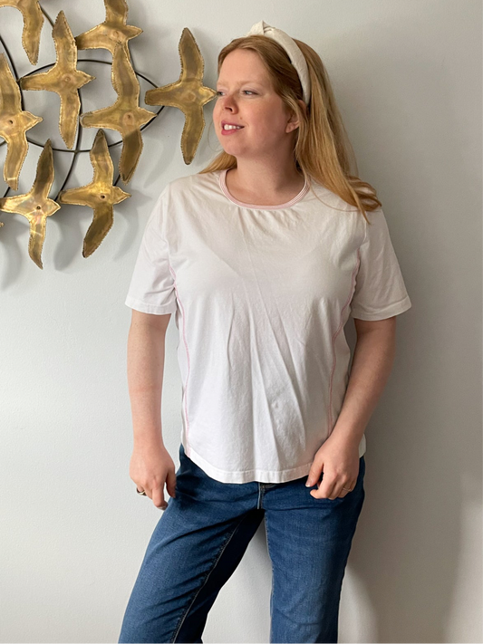 Lucia White Cotton Stretch Pink Stitched T-Shirt - Size 14