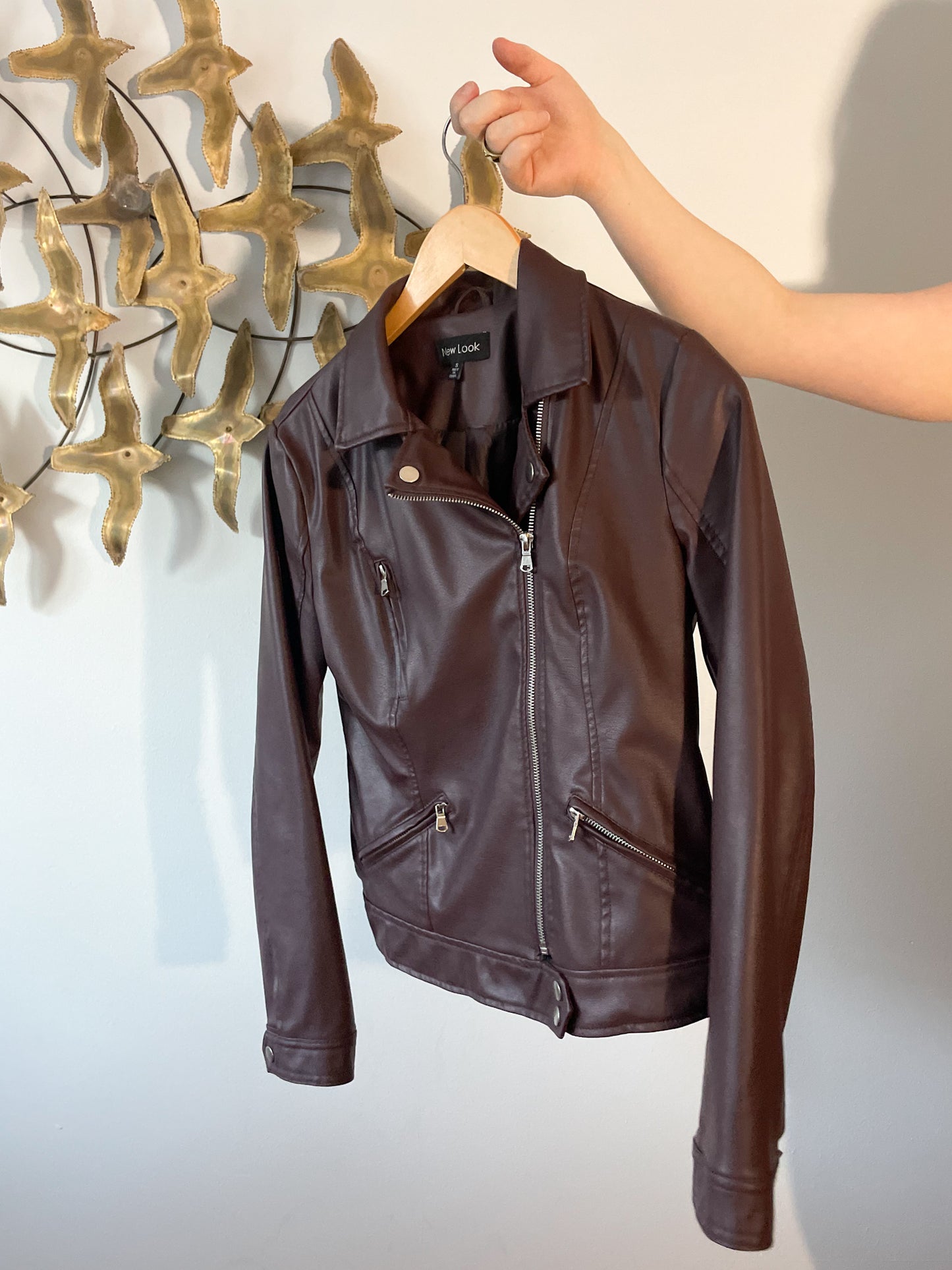 New Look Berry Brown Vegan Leather Moto Jacket - Small