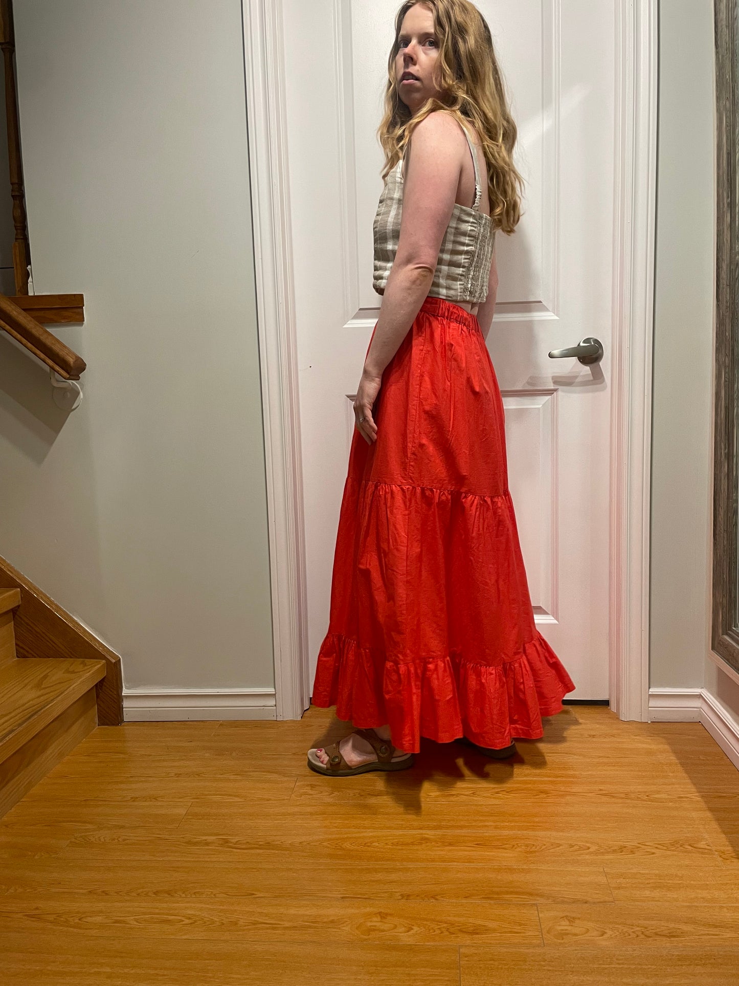 Japna Poppy Red Tiered Cotton Maxi Skirt – S/M