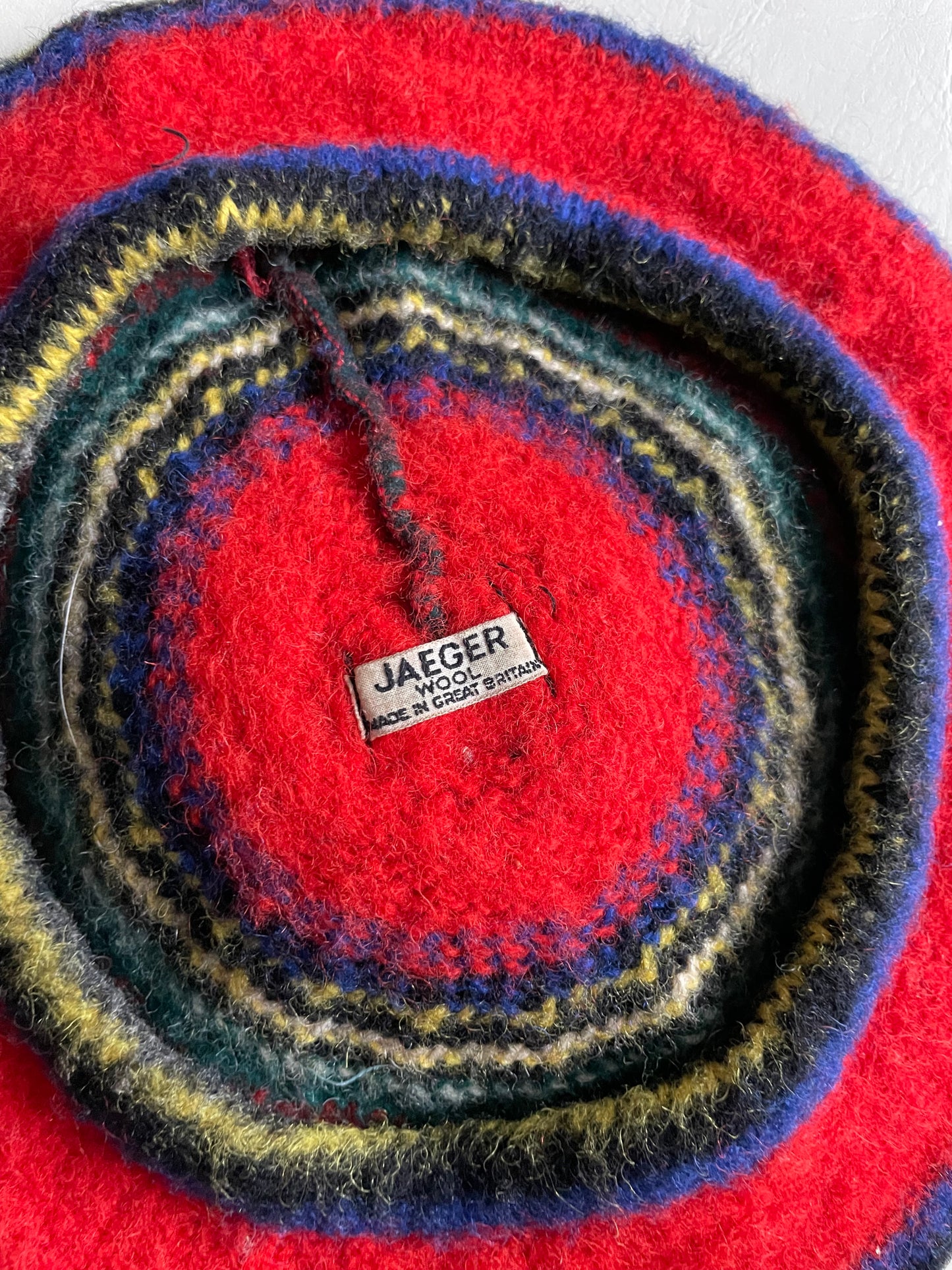 Jaeger Vintage Red Stripe Wool Beret Hat with Pom Pom
