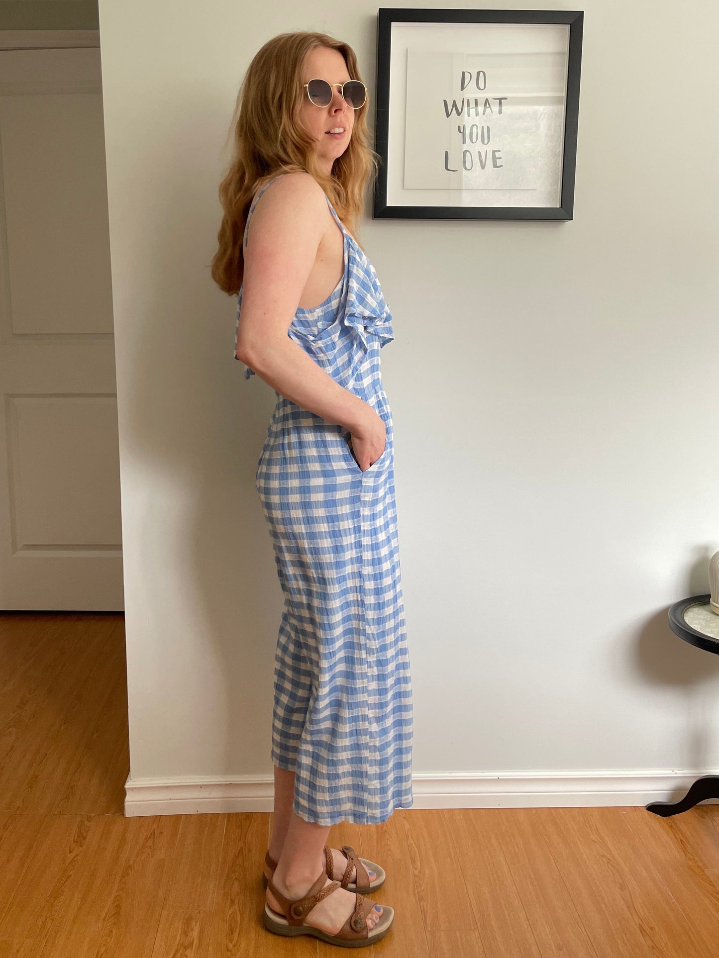 BB Dakota Blue & White Gingham Ruffle Wide Leg Jumpsuit - Size 4