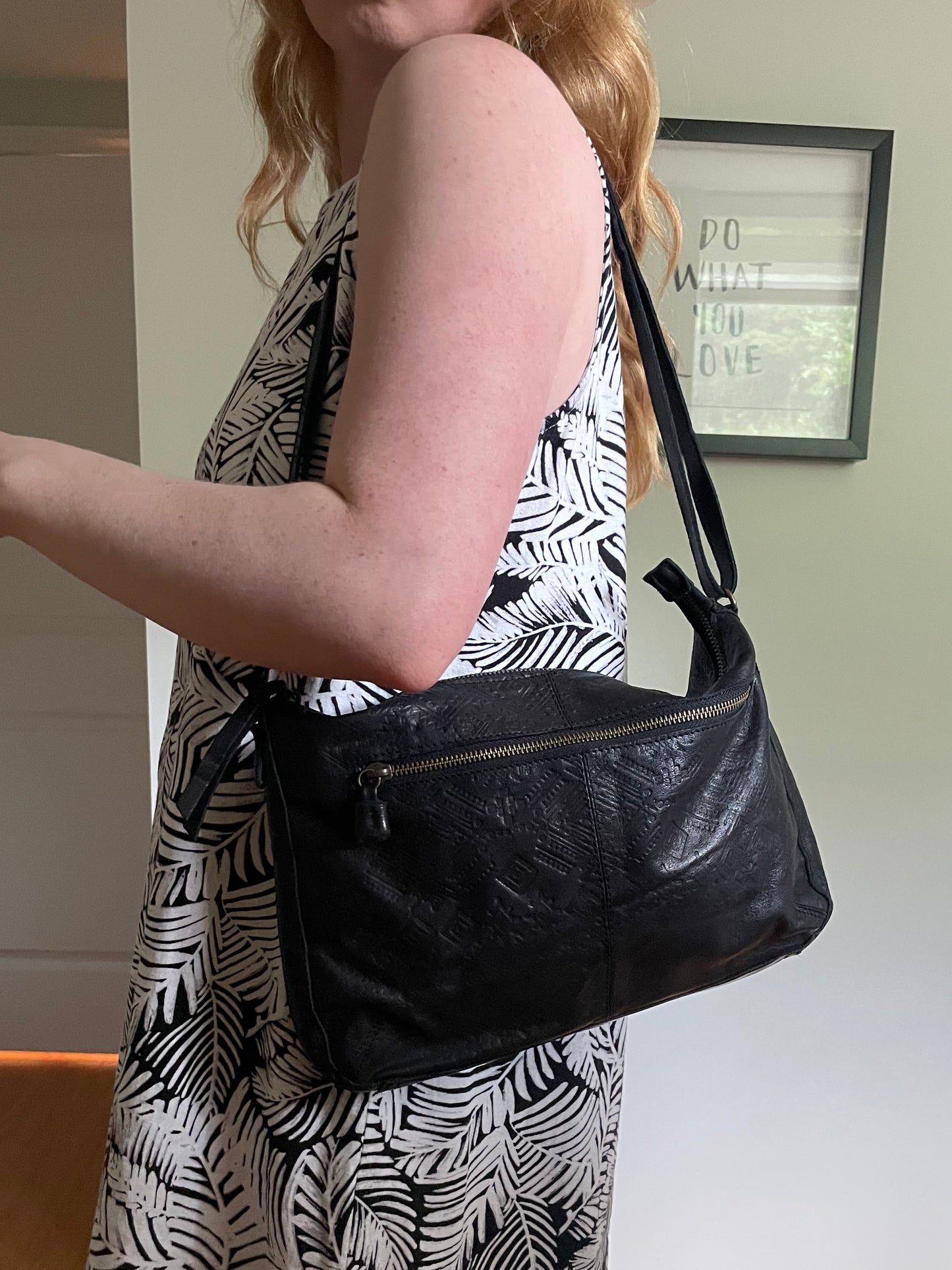 Day & Mood Black Embossed Leather Shoulder Bag