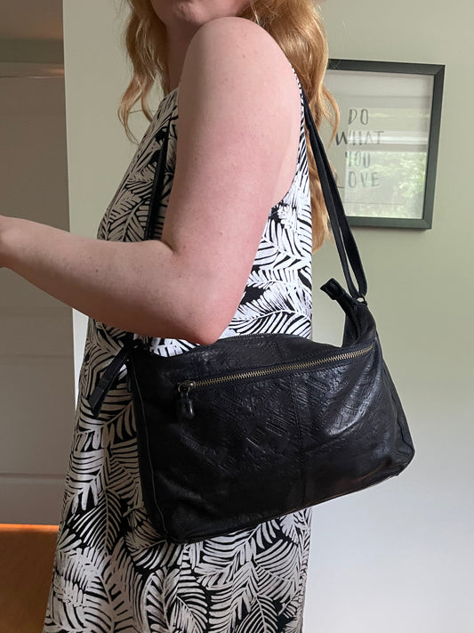 Day & Mood Black Embossed Leather Shoulder Bag