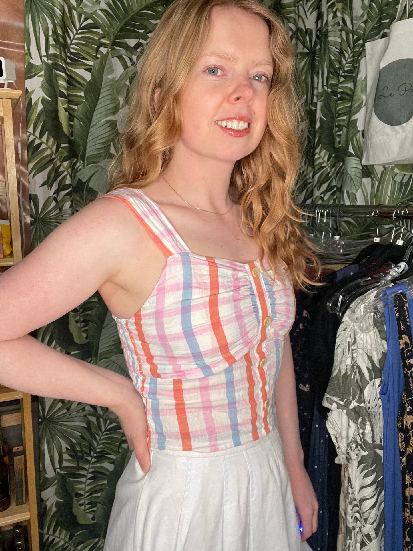 Monteau Los Angeles Pastel Plaid Smocked Cropped Cotton Tank – XS