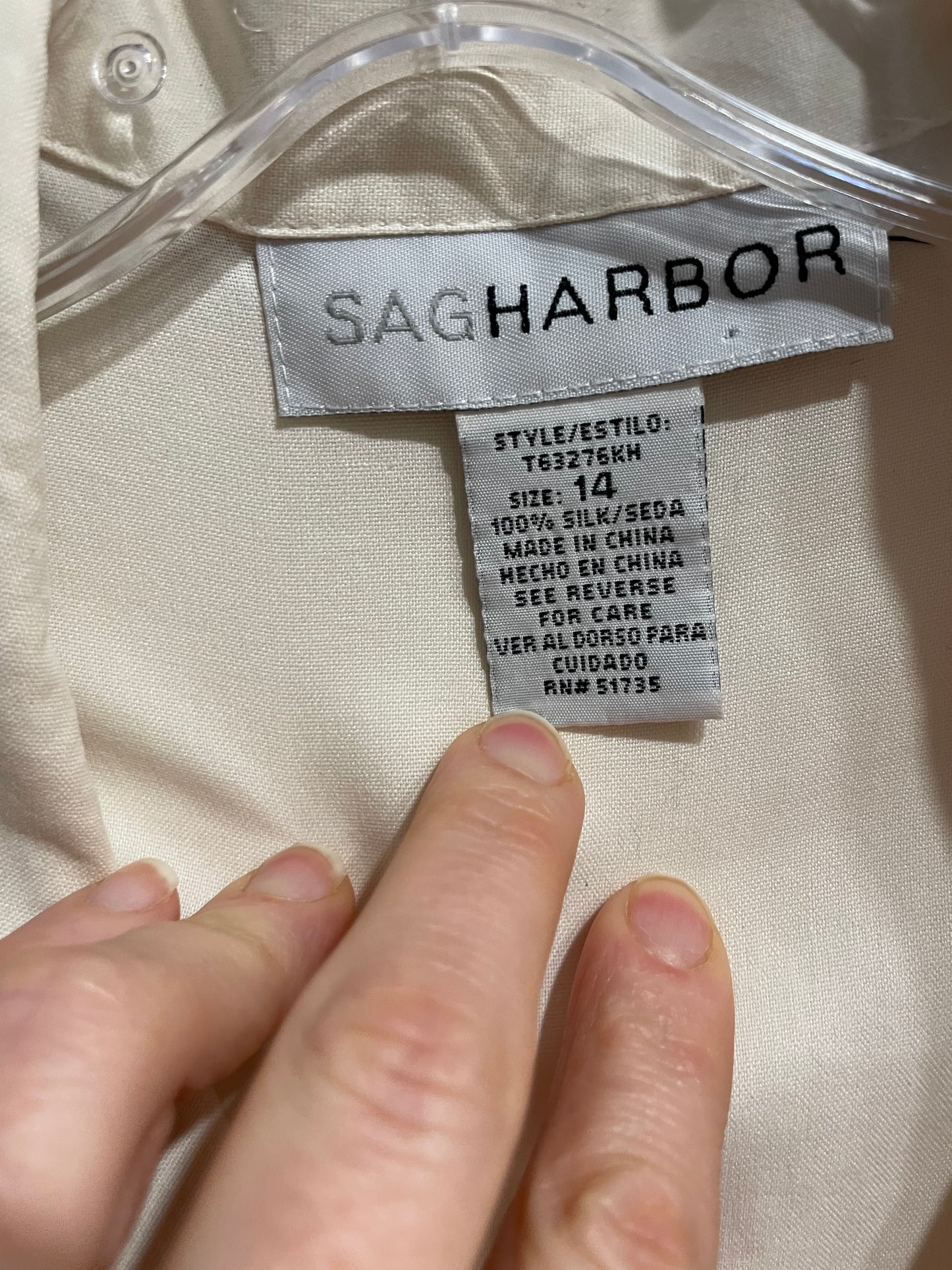 SAG HARBOR White & Black Piped Vintage Silk 3/4 Sleeve Top – M/L