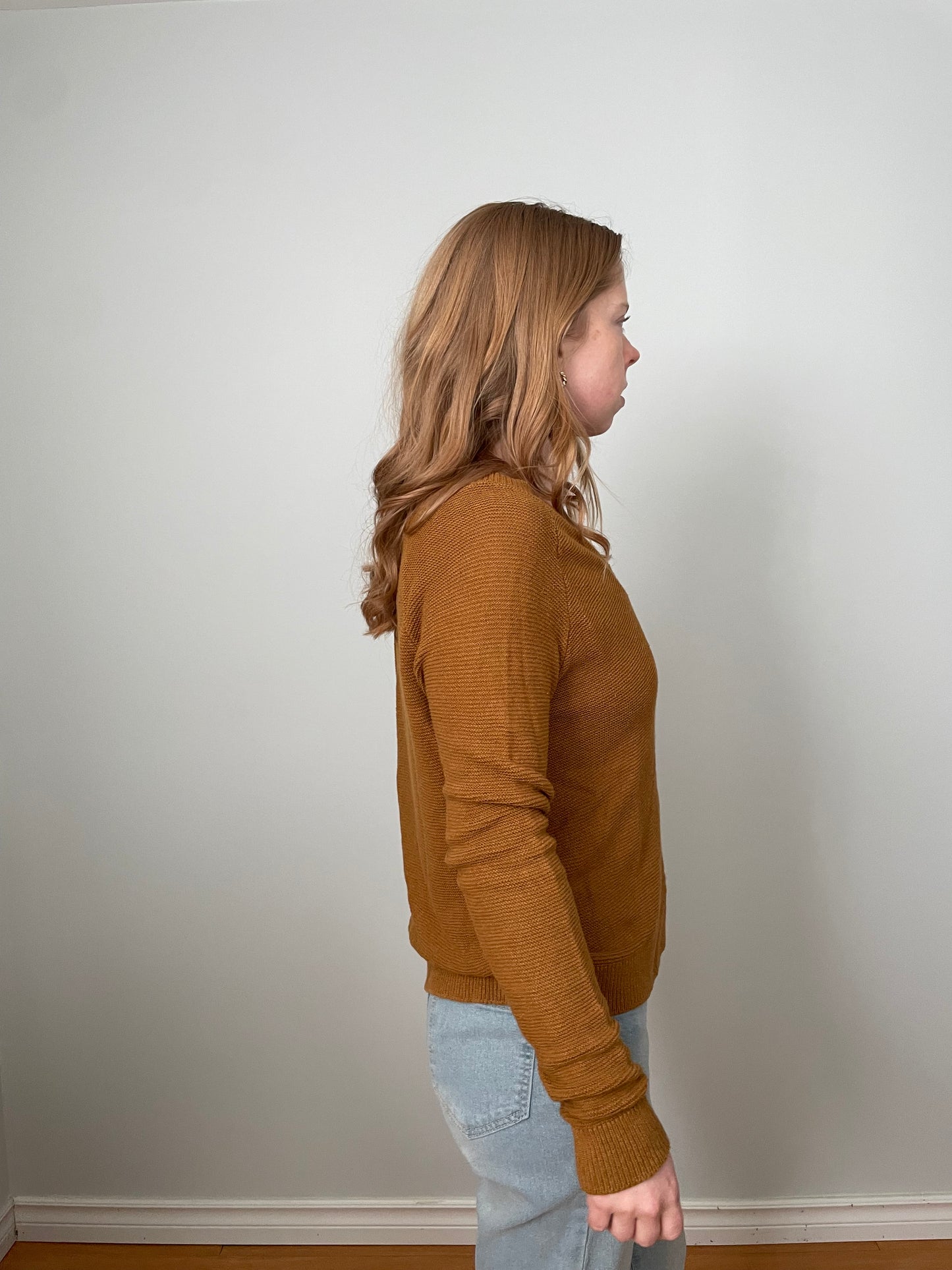 Manor Woman Camel Linen Blend V-Neck Knit Sweater – Small