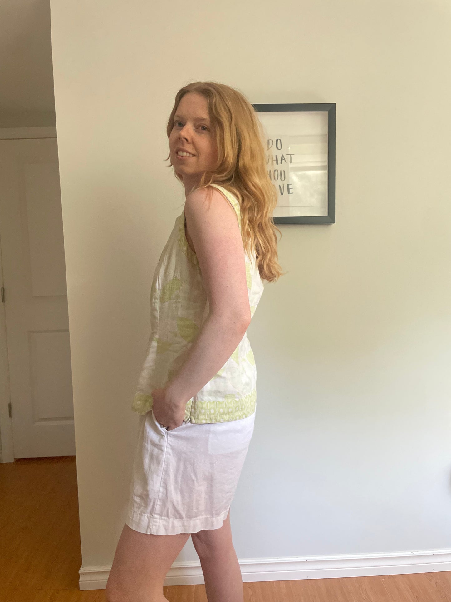 Next Woman Green & Cream Linen Floral Sleeveless Top - Medium