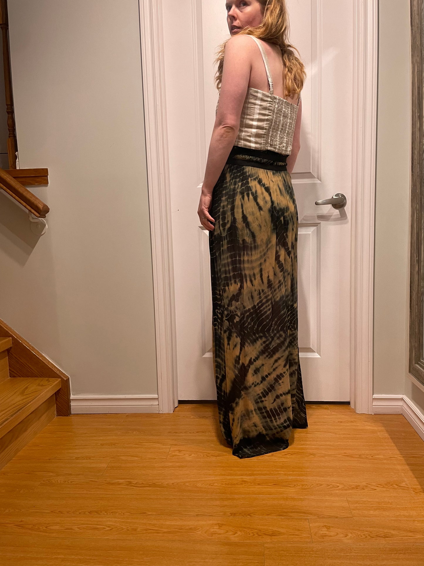Black & Tan Tie-Dye Silk Draped Maxi Skirt – Small