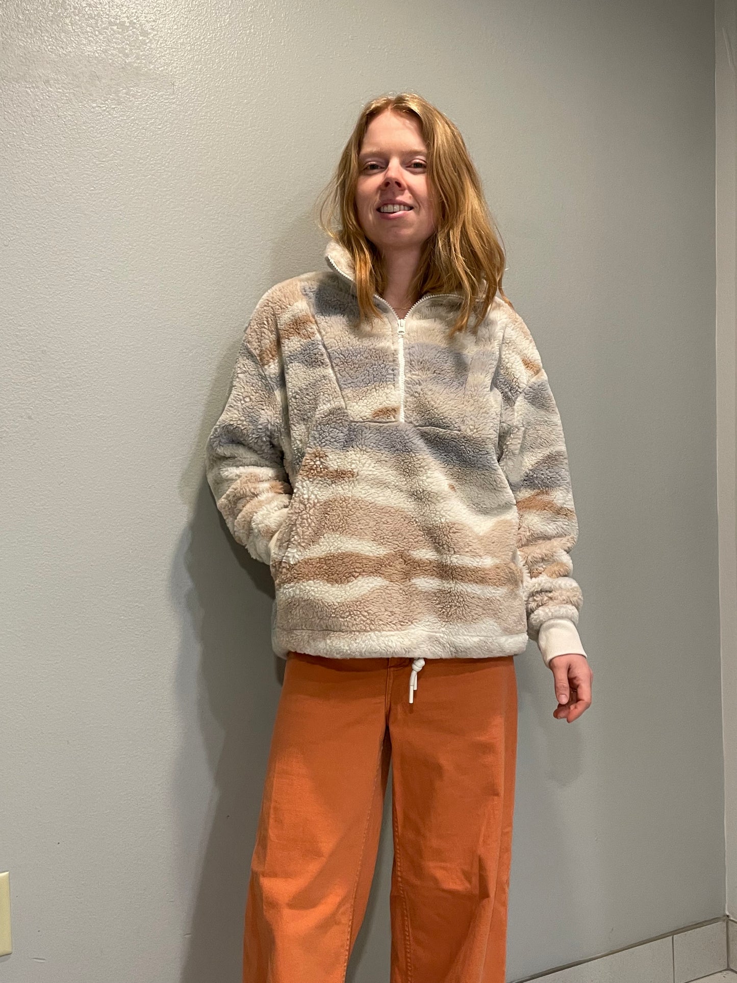 Mountain and Isles Cream & Taupe Faux Fur Half-Zip Pullover – L/XL