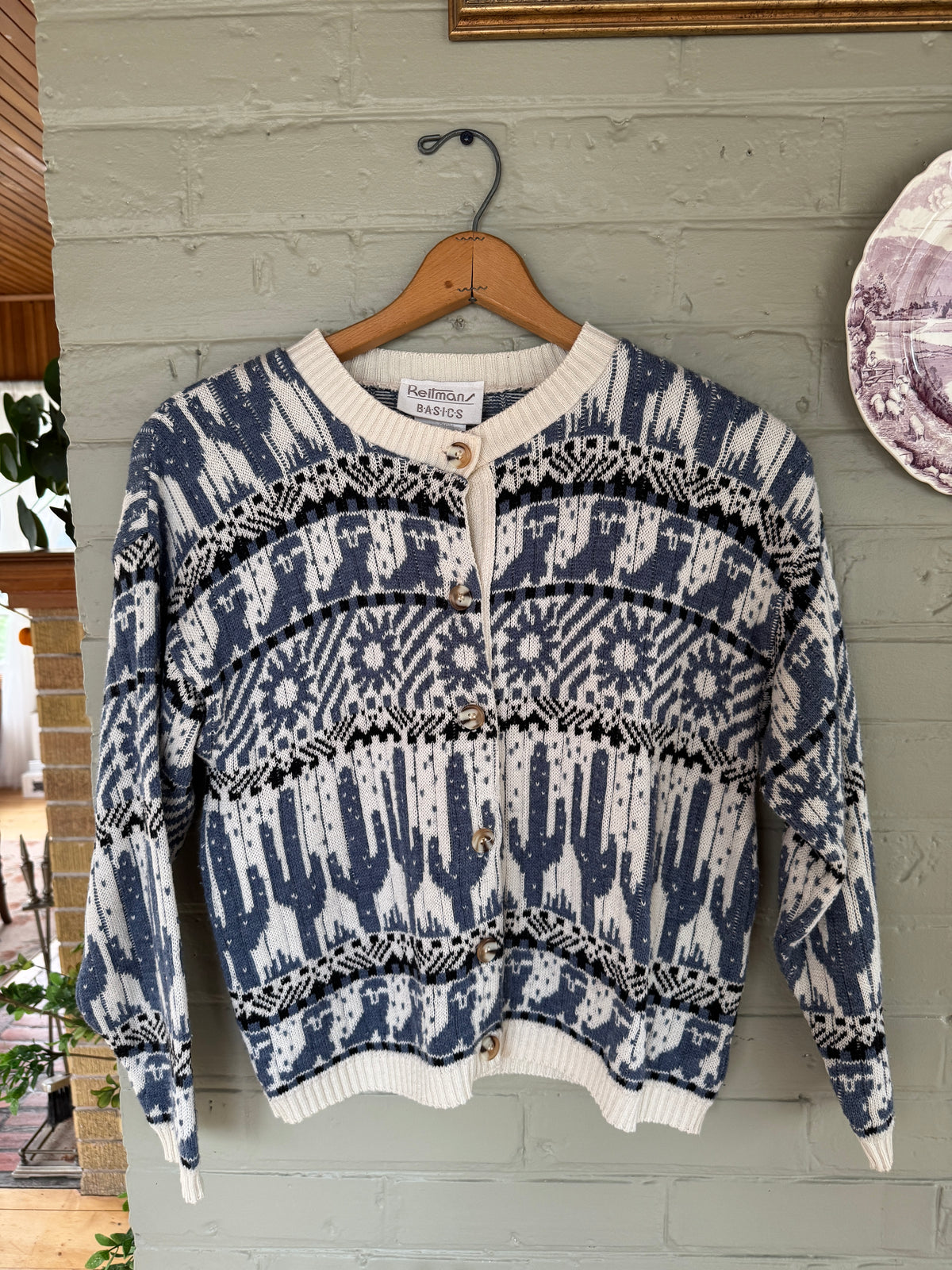Reitmans Basics – Blue, Cream & Black Vintage Fair Isle Cardigan - M/L/XL