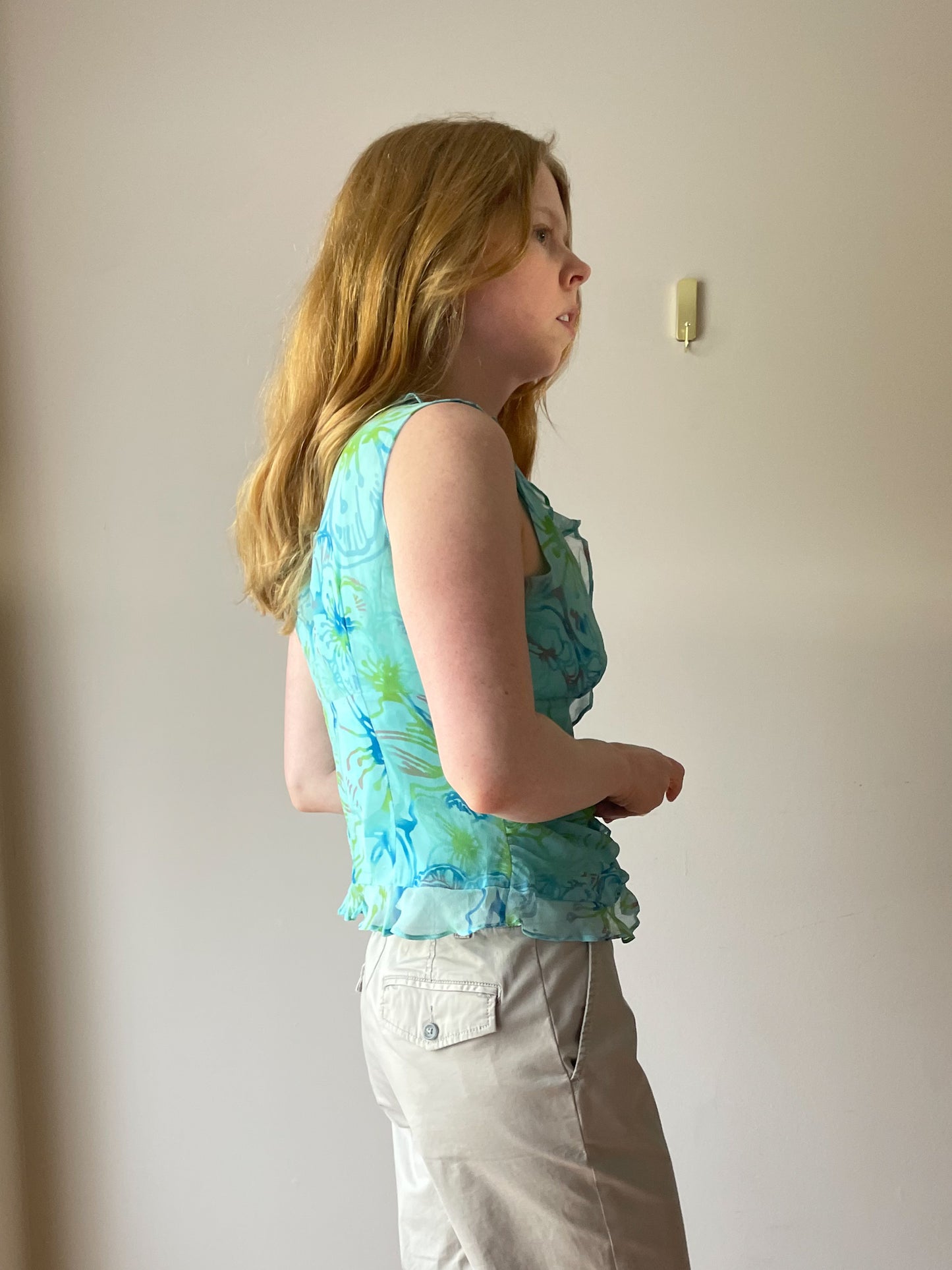 Vintage Turquoise Watercolour Floral 100% Silk Ruffle Top - Small