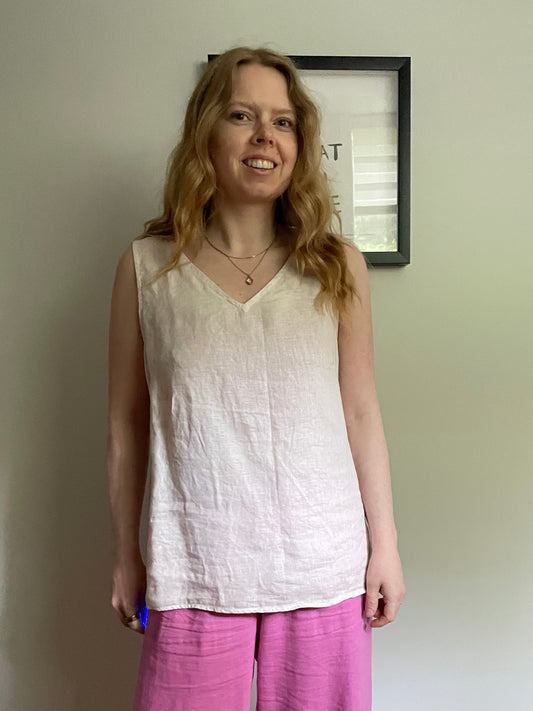 Oatmeal 100% Linen Sleeveless V-Neck Top - Large