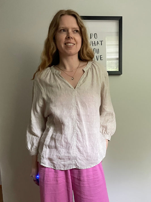 Oatmeal Beige 100% Linen Relaxed V-Neck Blouse