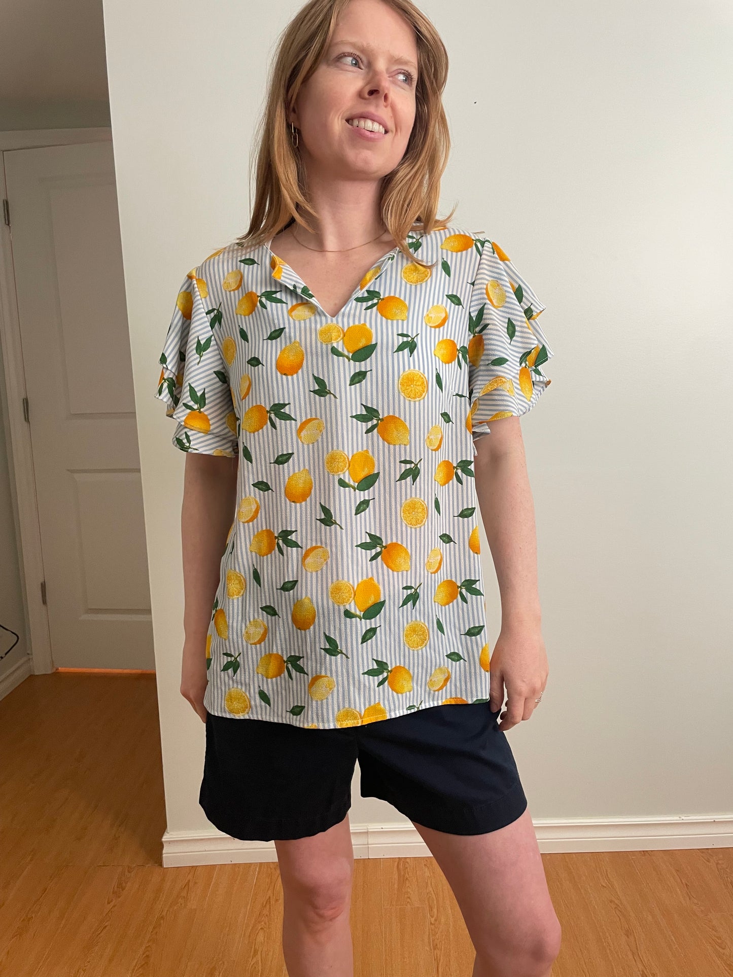 Faith and Joy Blue Stripe Lemon Print Flutter Sleeve Blouse – Medium