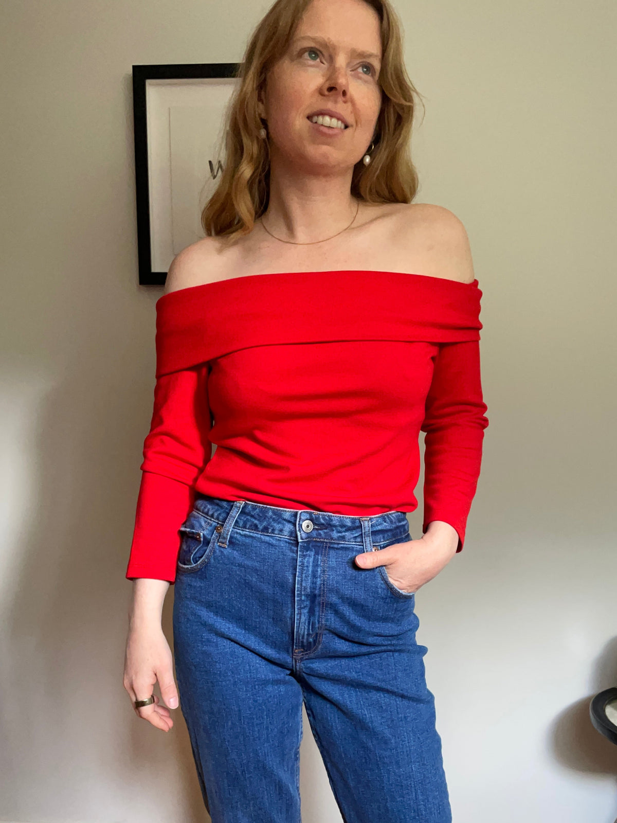 By Anthropologie Bright Red Fold-Over Off-Shoulder Top – Small