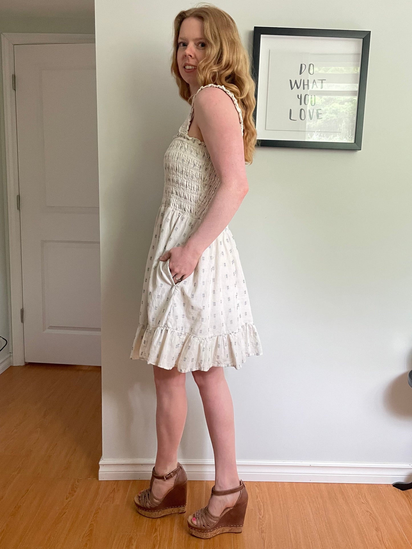 Madewell Cream Cotton Smocked Dress with Pockets | Size S-L